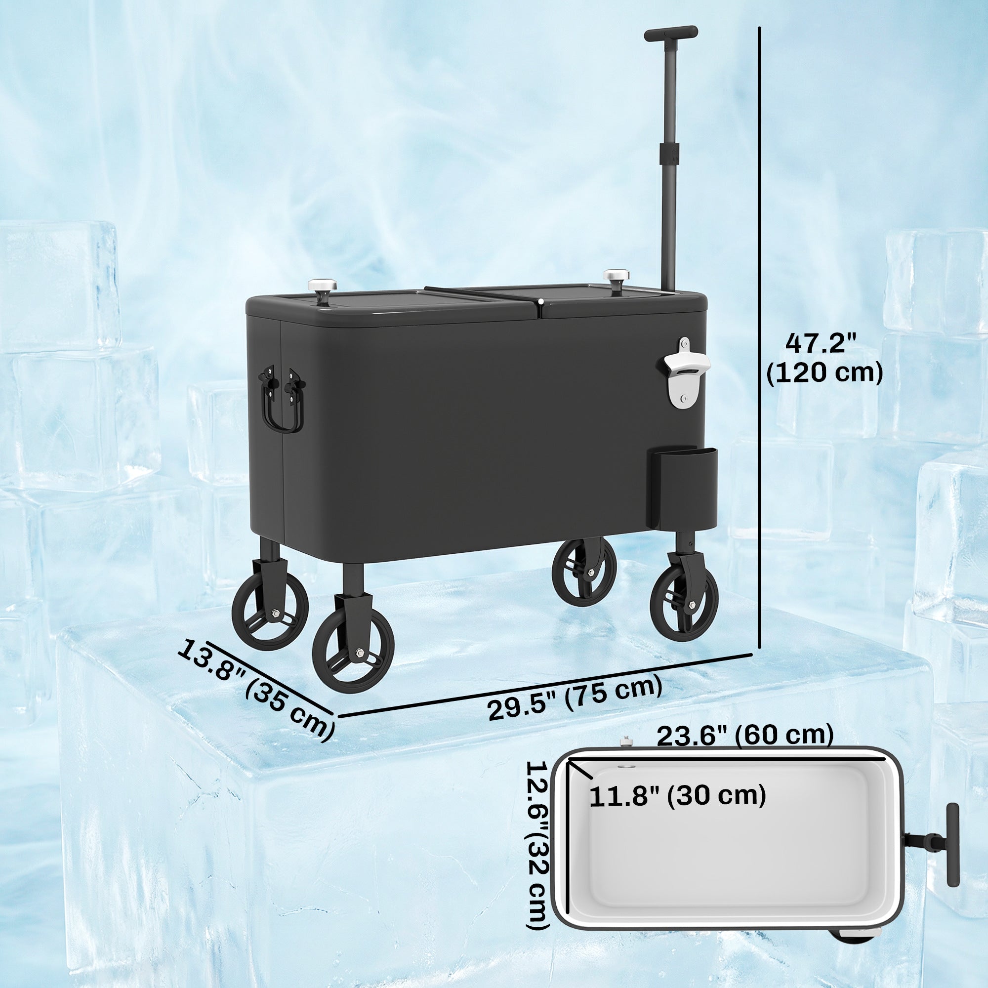 60-Qt Outdoor Patio Cooler Cart, Rolling Ice Chest with Adjustable Handle, Wheels, Bottle Opener, Drainage, Black
