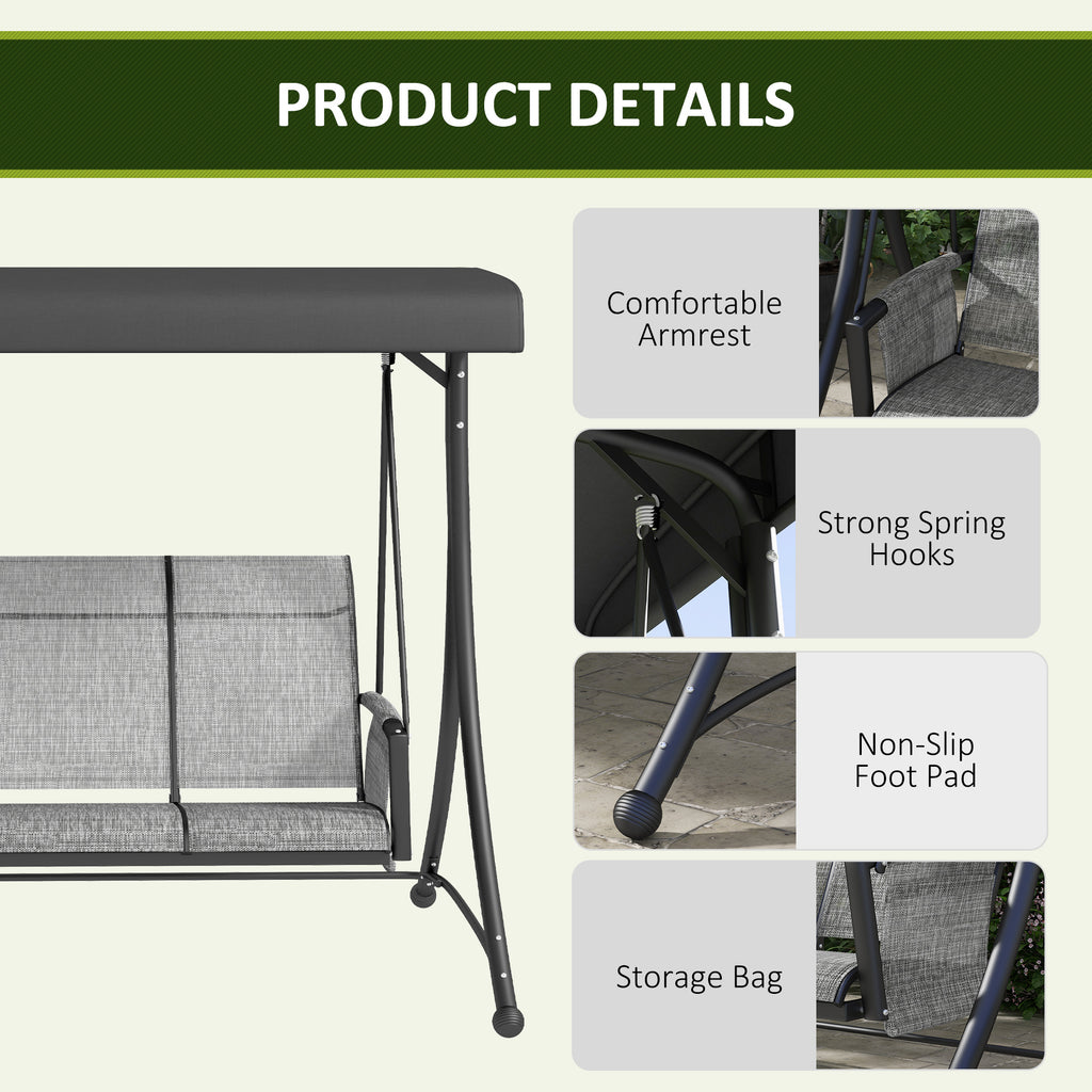 3 Person Outdoor Porch Swing Chair with Adjustable Canopy, Mixed Grey