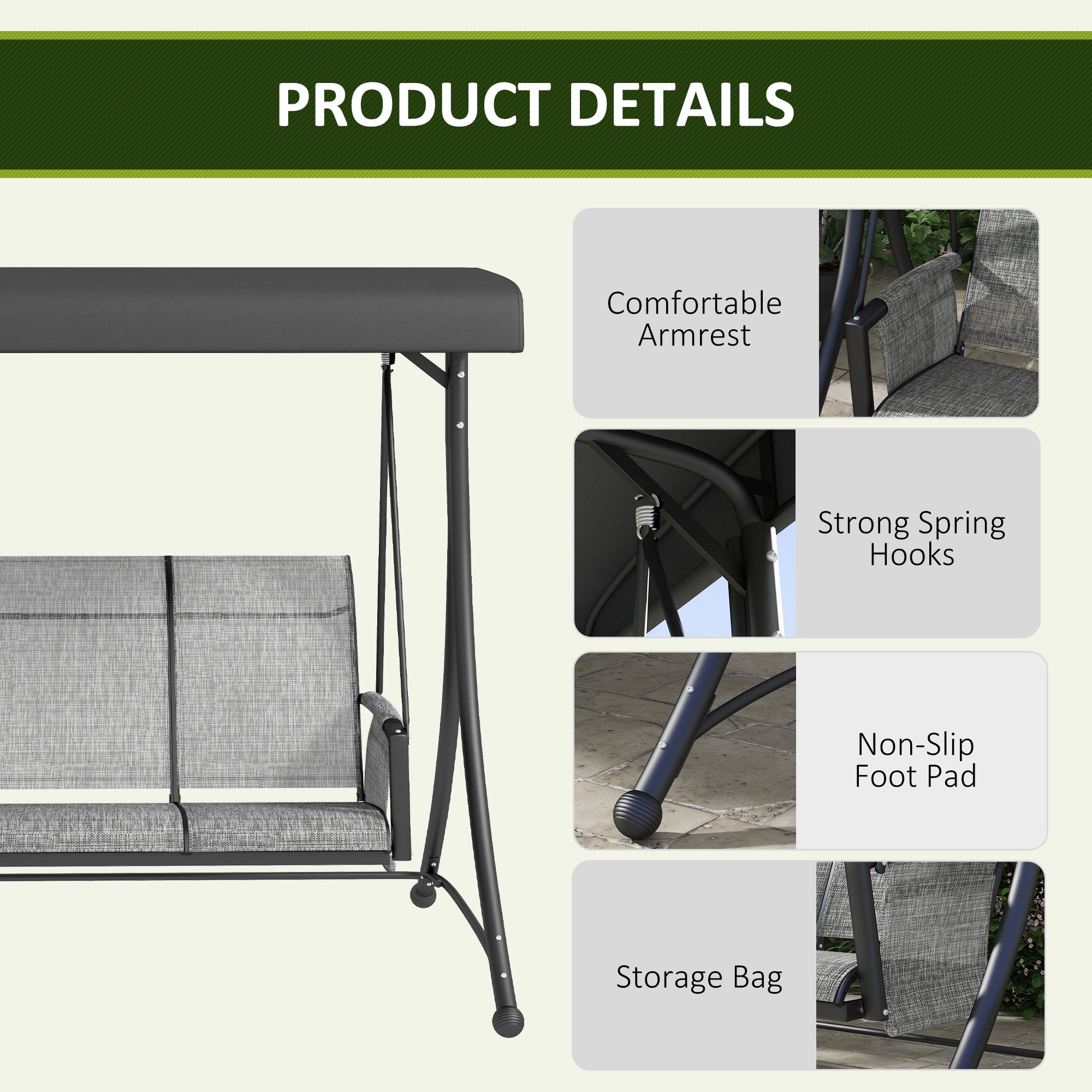 3 Person Outdoor Porch Swing Chair with Adjustable Canopy, Mixed Grey