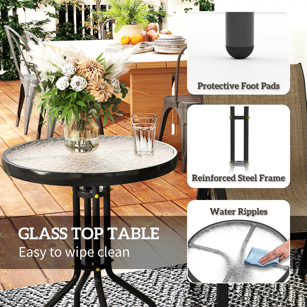 3 Pieces Bistro Set, Small Patio Furniture Set with Stackable Mesh Chairs, Glass Table for Garden, Light Mixed Brown