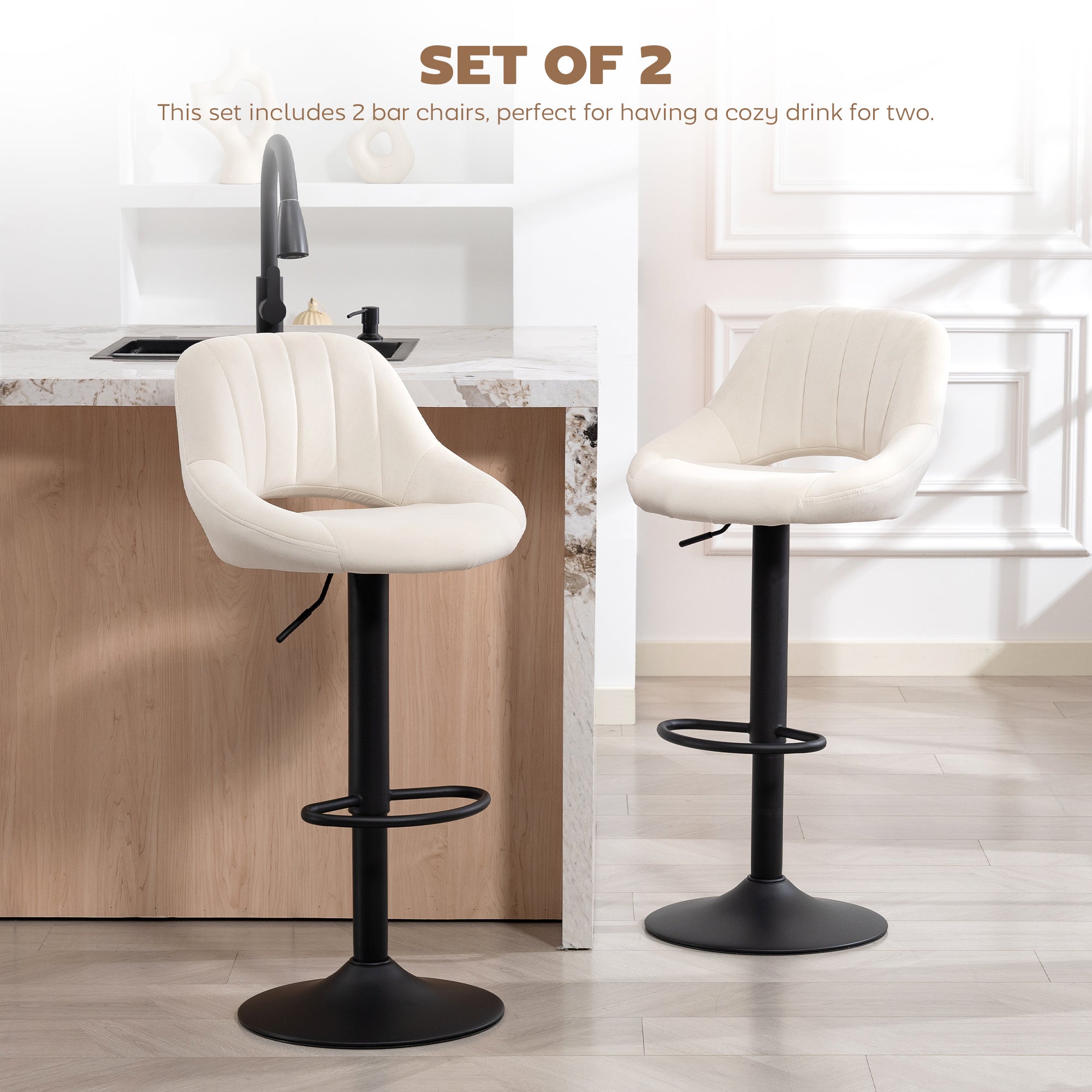 Bar Stools Set of 2, Swivel Counter Height Barstools with Adjustable Height and Cutout Back, Velvet Upholstered Bar Chairs with Round Metal Base and Footrest, Cream