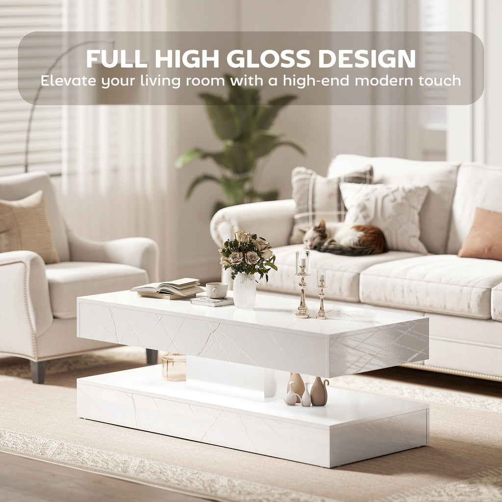 Coffee Table with Adjustable LED Lights, Center Table with 2 Drawers, Open Shelf, Remote, High Gloss Marble-Effect White
