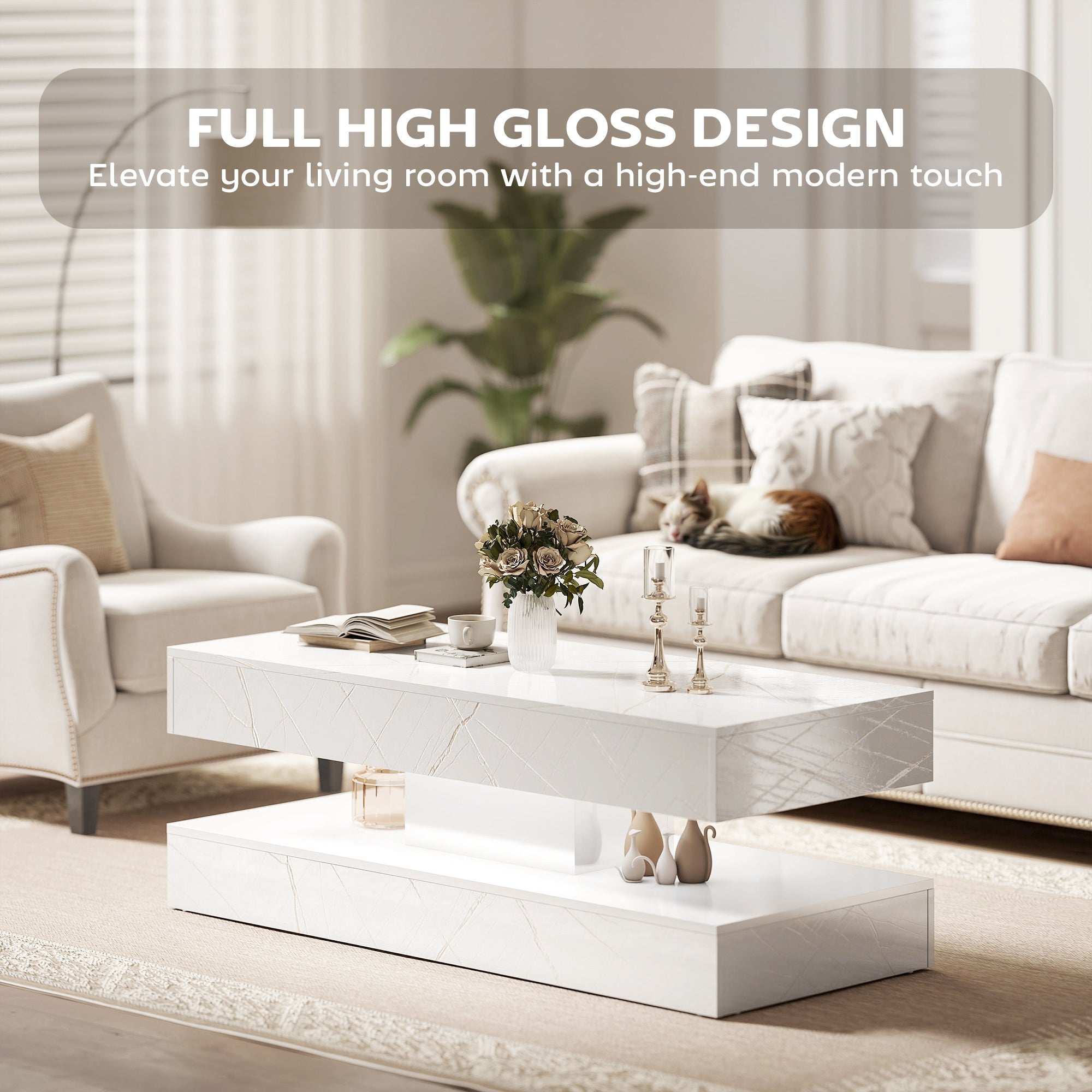 Coffee Table with Adjustable LED Lights, Center Table with 2 Drawers, Open Shelf, Remote, High Gloss Marble-Effect White