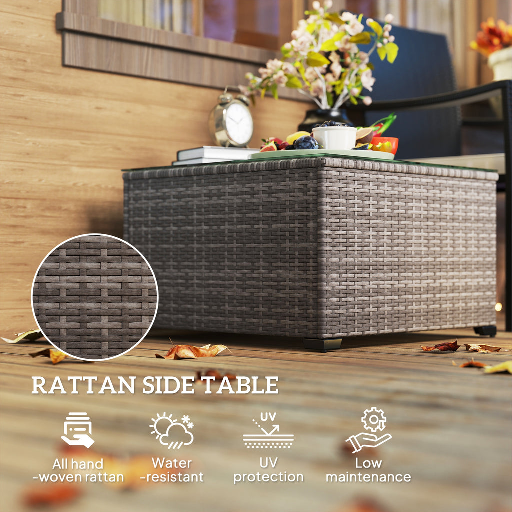 24.4" Patio Wicker Coffee Table, PE Rattan Outdoor Side Table with Tempered Glass Top, Black