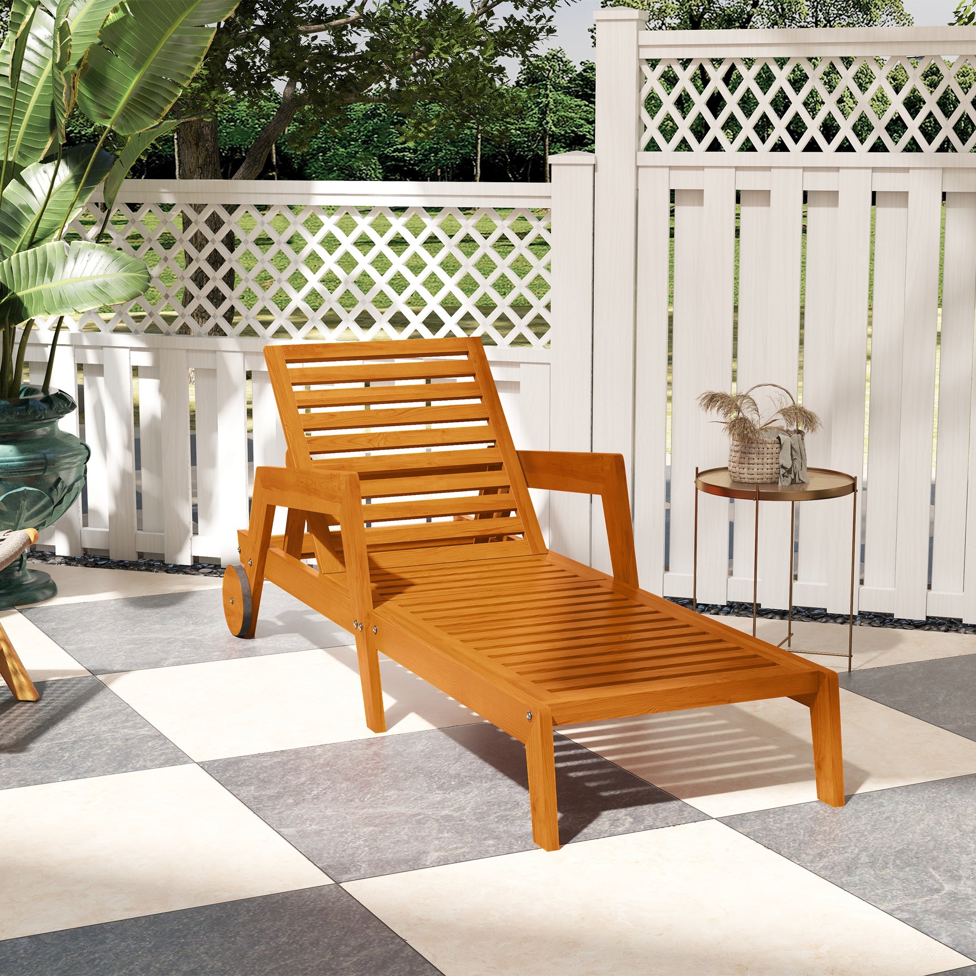 Wood Lounge Chair Outdoor Tanning Chair with Wheels, 3-Position Adjustable Backrest and Armrests, Orange