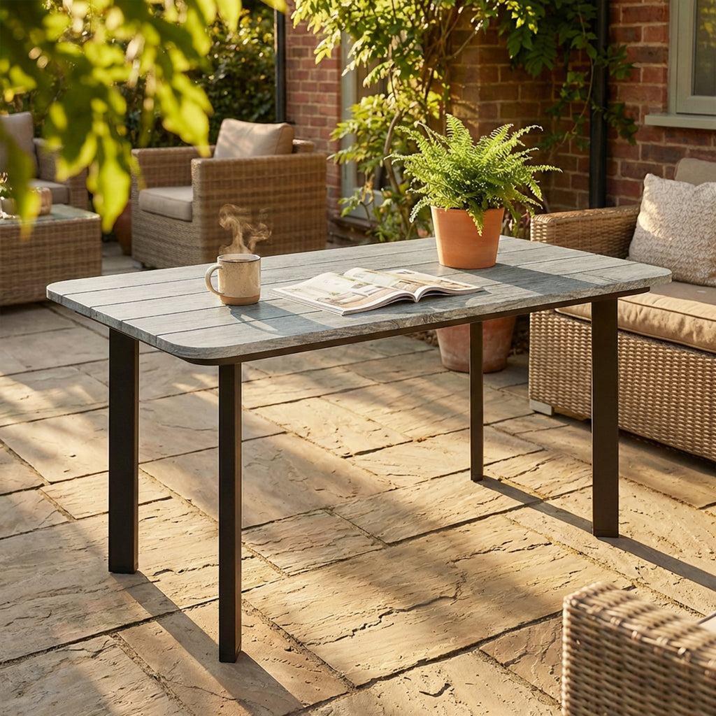 Outdoor Garden Coffee Table, Patio Table with Slatted Wood Plastic Composite Top and Steel Frame, Grey