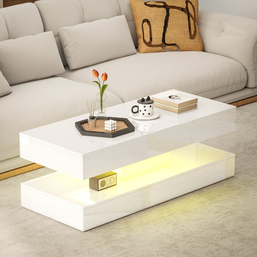 Coffee Table with Adjustable LED Lights, Modern Living Room Table with 2 Drawers, Open Shelf, Remote, High Gloss White