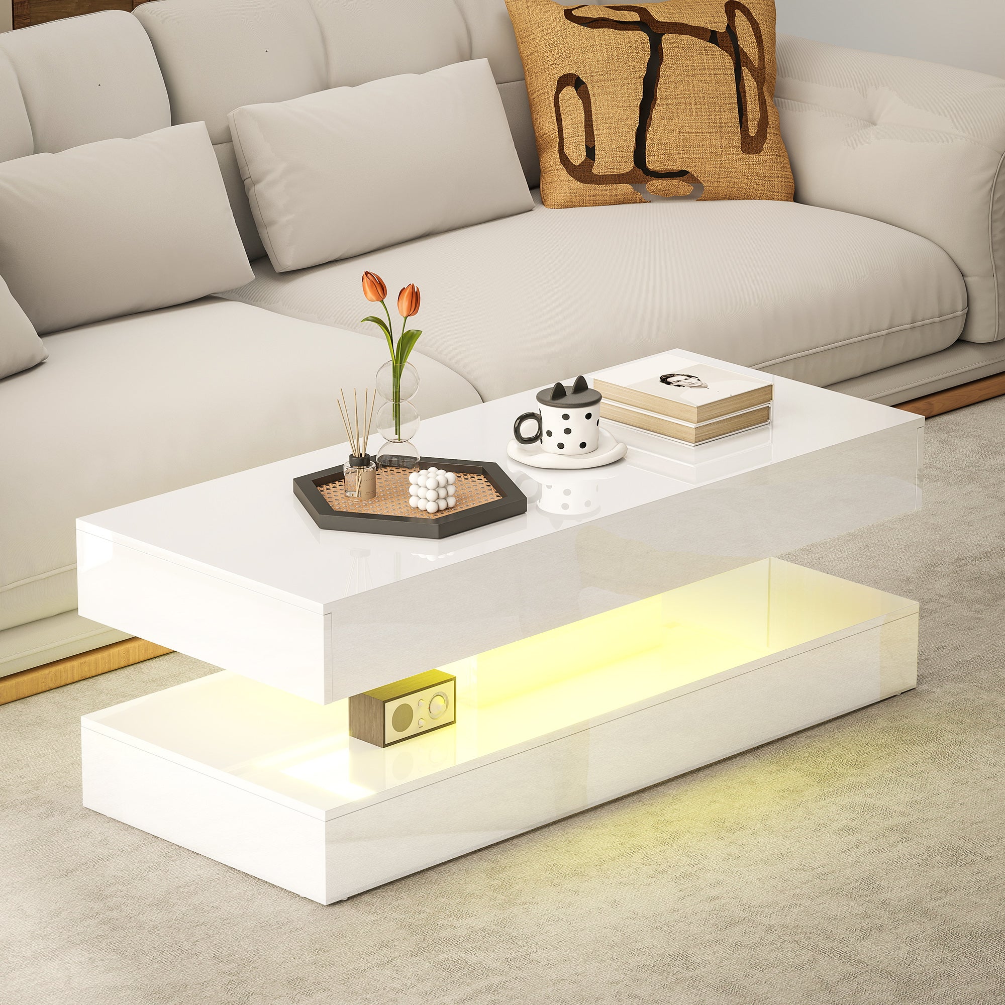 Coffee Table with Adjustable LED Lights, Modern Living Room Table with 2 Drawers, Open Shelf, Remote, High Gloss White