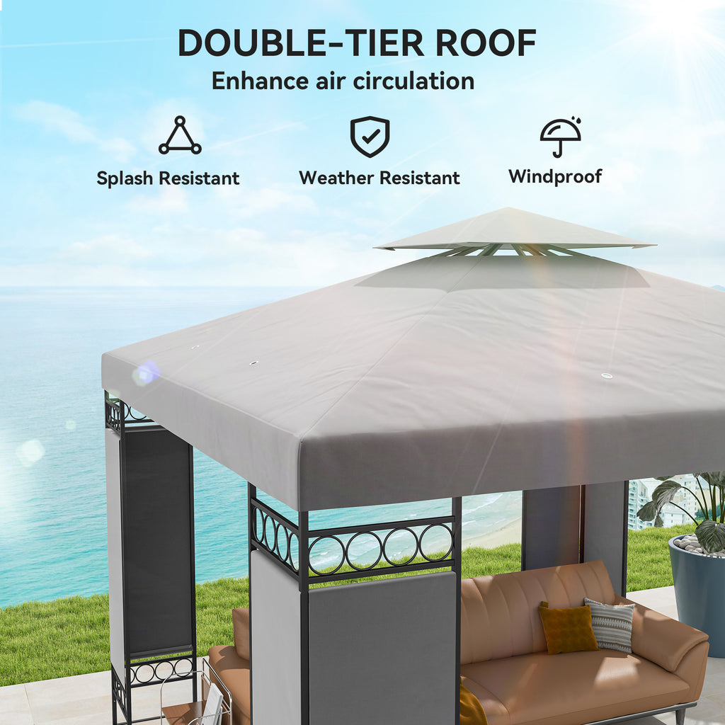 10' x 10' Canopy Gazebo, Double Roof Patio Gazebo with Screen Panels and Metal Frame for Deck, Backyard, Light Grey