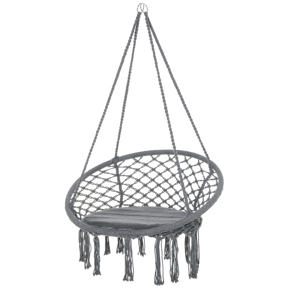 Patio Hammock Chair, Hanging Rope Hammock Swing for Indoor & Outdoor Use with Backrest, Cotton-Polyester Blend, Fringe Tassels, Dark Grey