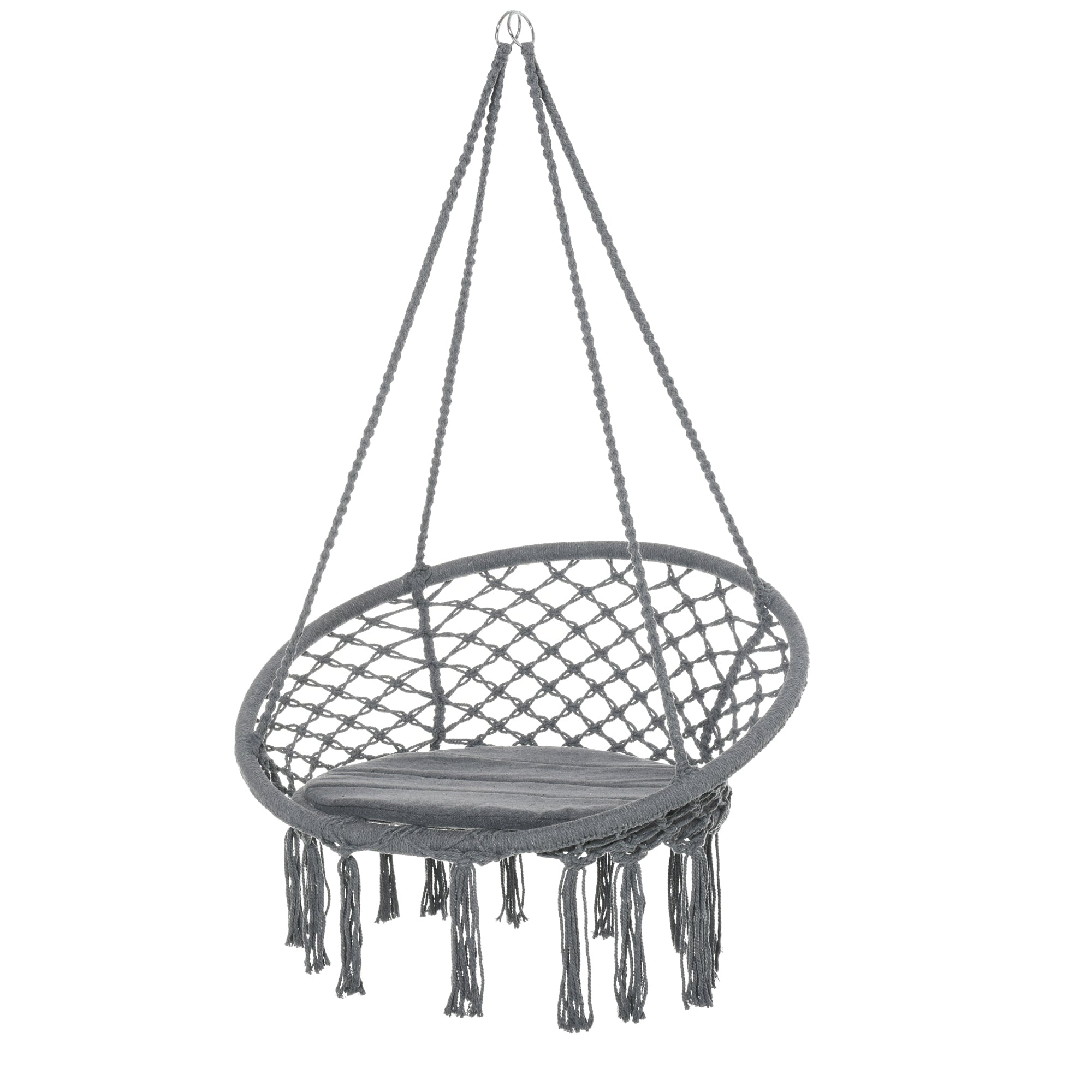 Patio Hammock Chair, Hanging Rope Hammock Swing for Indoor & Outdoor Use with Backrest, Cotton-Polyester Blend, Fringe Tassels, Dark Grey