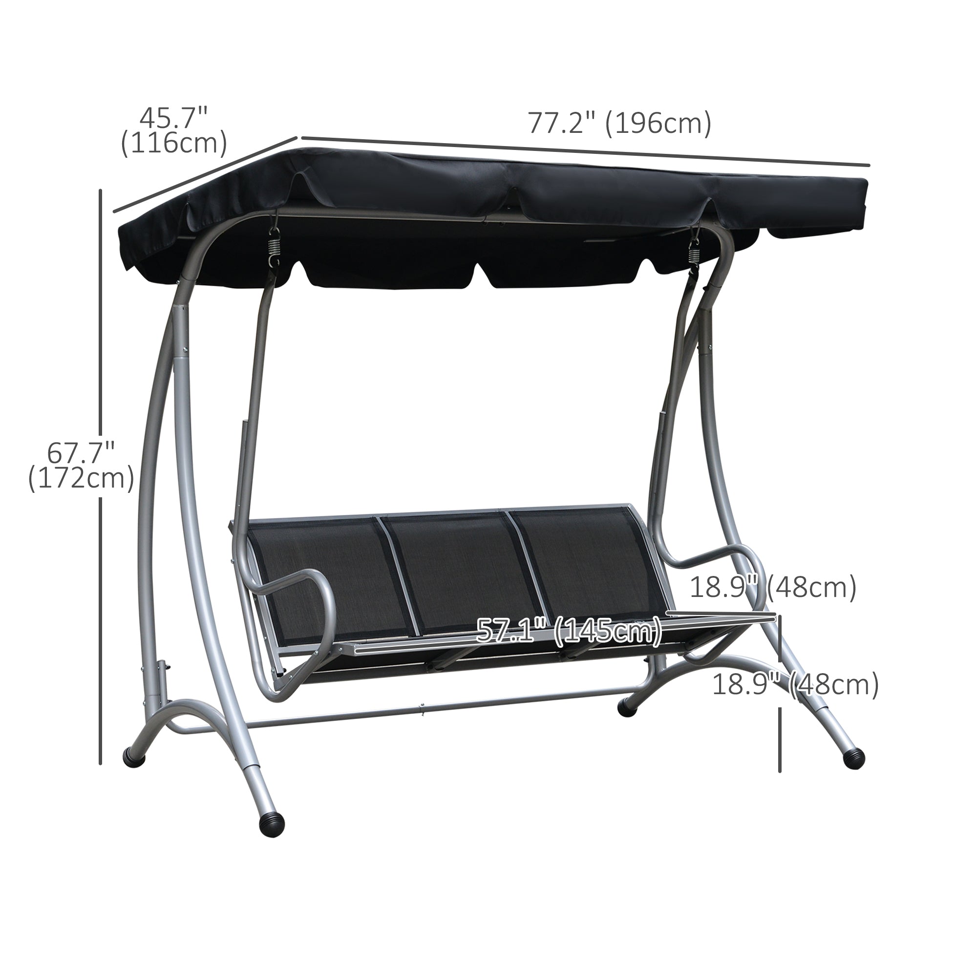 3-Seater Outdoor Swing Chair Bench with Adjustable Canopy, Black