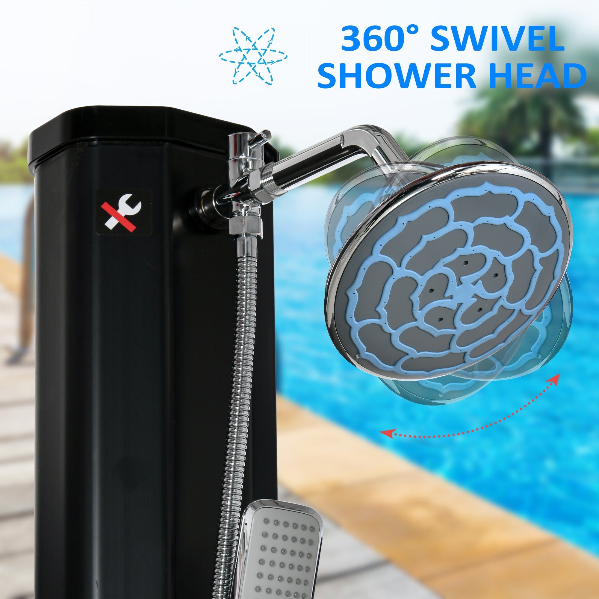 7ft Outdoor Solar Heated Shower with 360 Rotating Shower Head, Foot Shower Faucet, Temperature and Pressure Adjustable