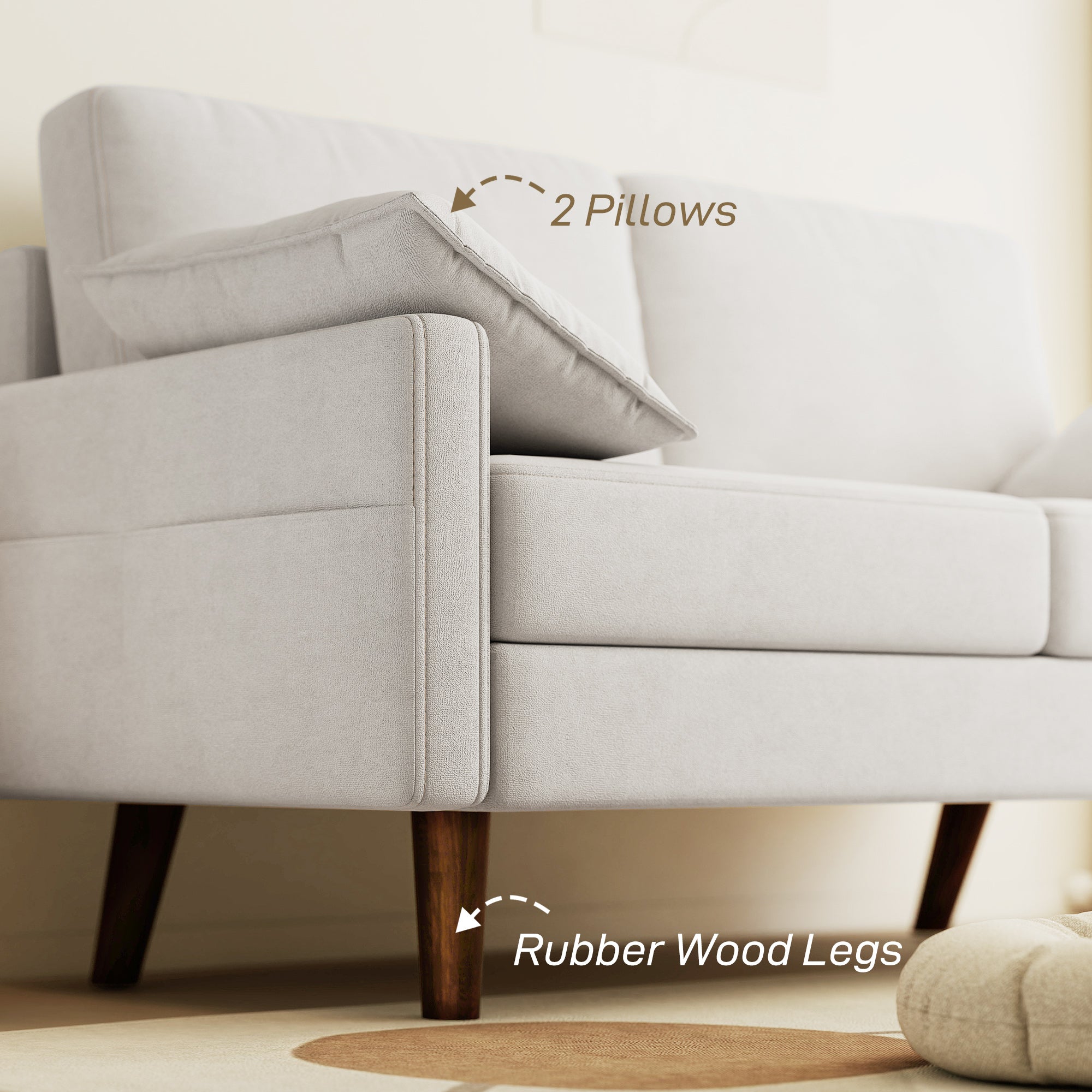 3 Seater Sofa, Velvet Upholstered Couch with Spring Cushions, Rubber Wood Legs and 2 Pillows, Cream White