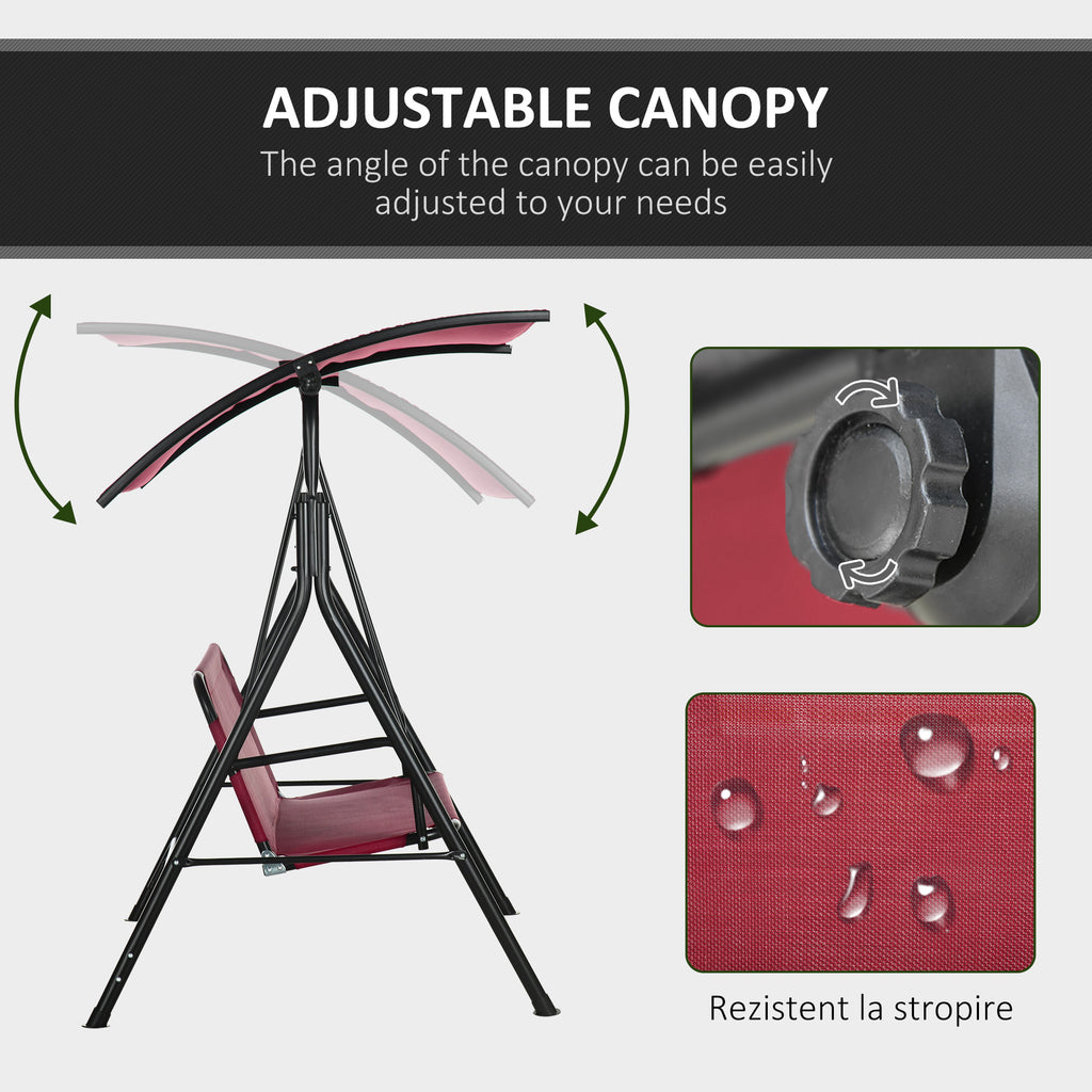 3-Seater Outdoor Porch Swing with Adjustable Canopy, Patio Swing Chair for Garden, Poolside, Backyard, Wine Red
