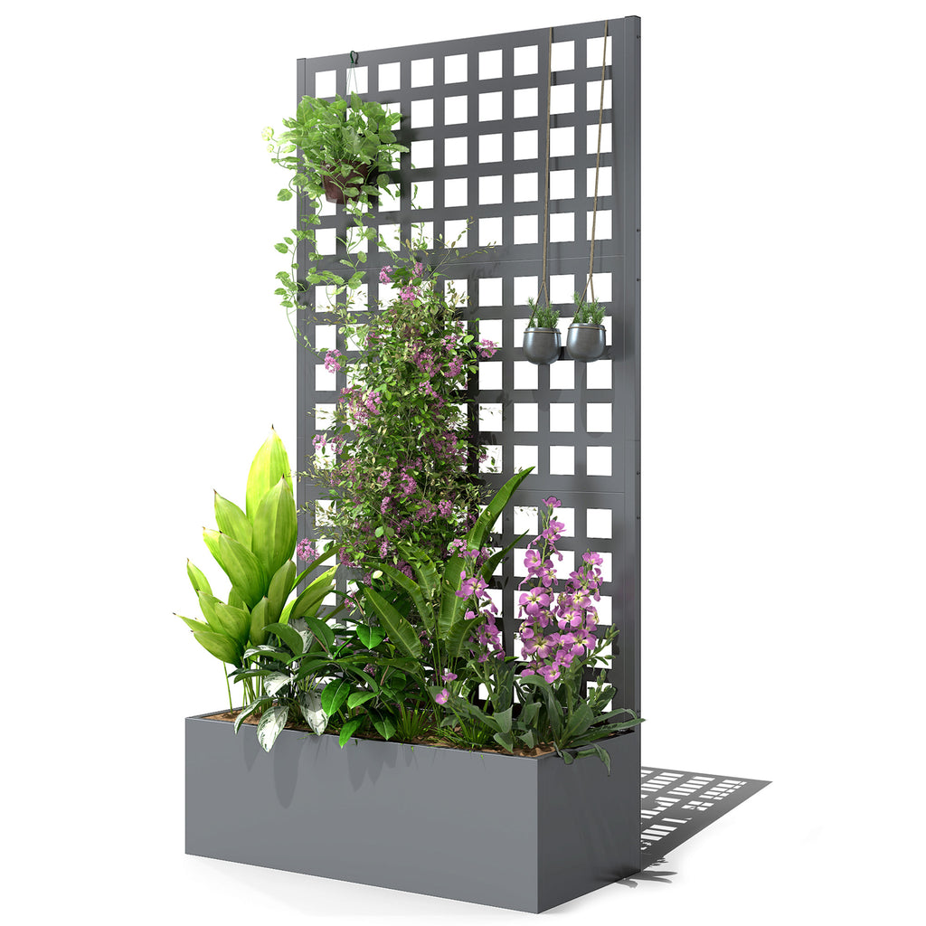 Galvanized Raised Garden Bed Planter Box with Trellis for Climbing Plant, Vegetable, Vine, 35"x16"x70" Grey Wood Effect