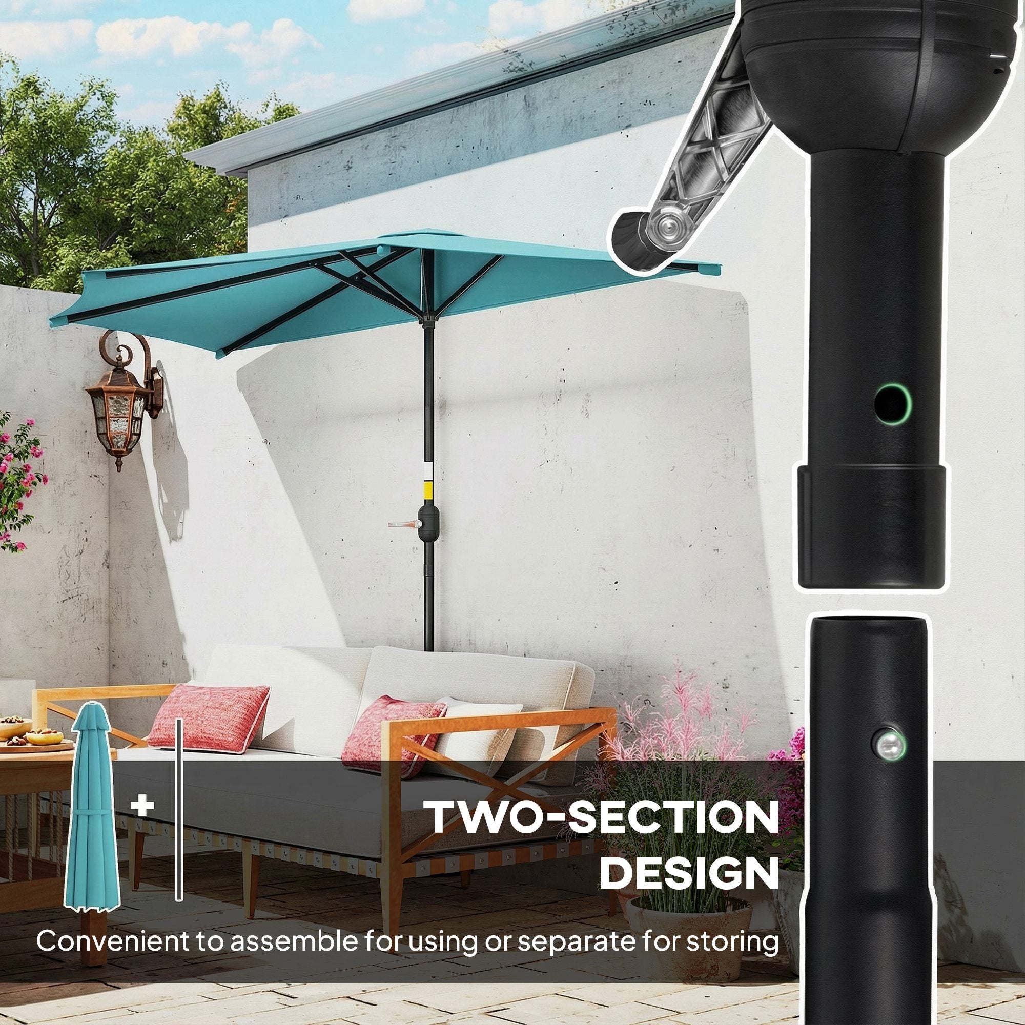 9.8ft Half Umbrella Semi Round Patio Parasol with Crank Handle, Top Vent for Garden, Balcony- NO BASE INCLUDED, Light Blue
