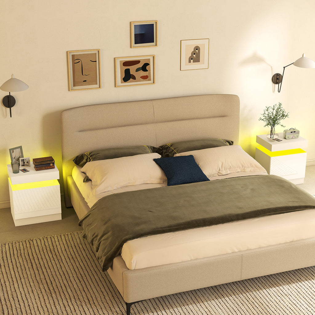 Nightstand Set of 2, End Side Tables with LED Lights, Bedside Tables with 2 Drawers, for Bedroom, White