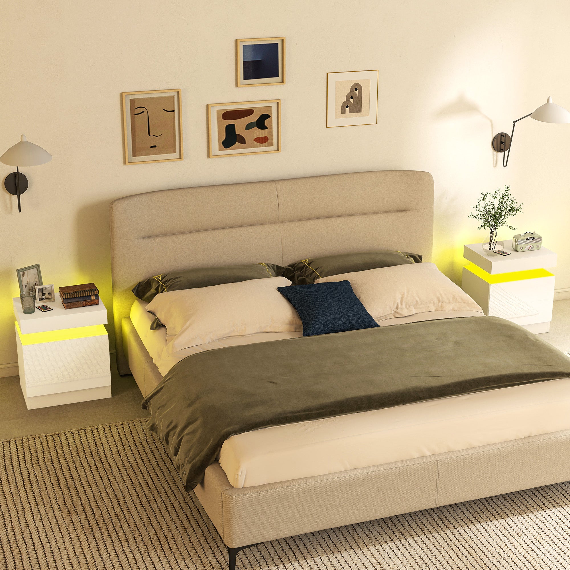 Nightstand Set of 2, End Side Tables with LED Lights, Bedside Tables with 2 Drawers, for Bedroom, White