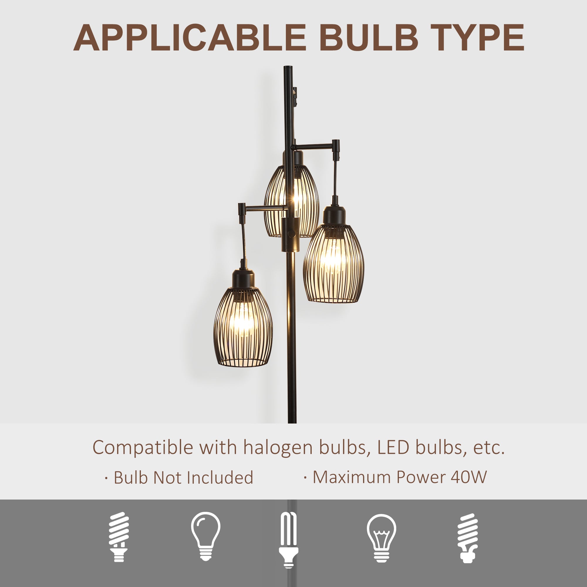 Industrial Floor Lamp with 3 Hanging Wire Lampshades, Dimmable Standing Lamp for Living Room, Bedroom, Dining Room, Study, Black