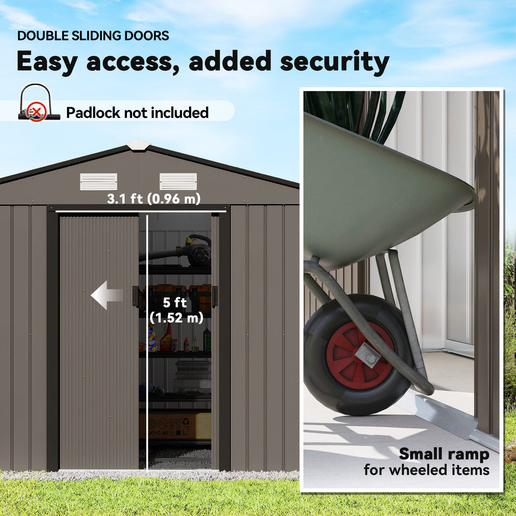 9.1'x6.4'x6.3' Garden Storage Shed w/ Foundation Kit Metal Tool Storage House w/ Double Doors Brown