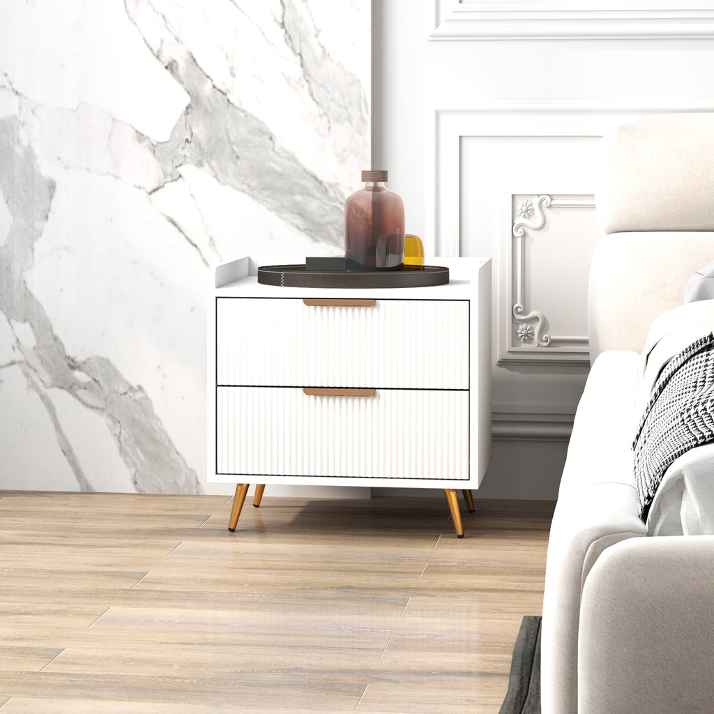 Bedside Table, Nightstand with 2 Drawers, Side End Table with Metal Legs for Bedroom, White