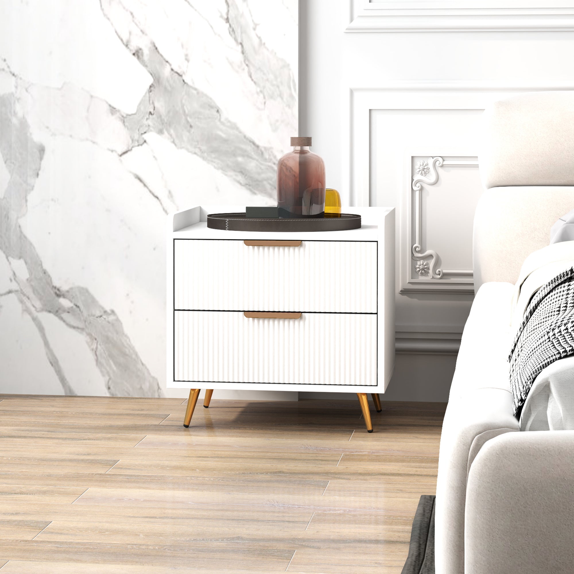 Bedside Table, Nightstand with 2 Drawers, Side End Table with Metal Legs for Bedroom, White