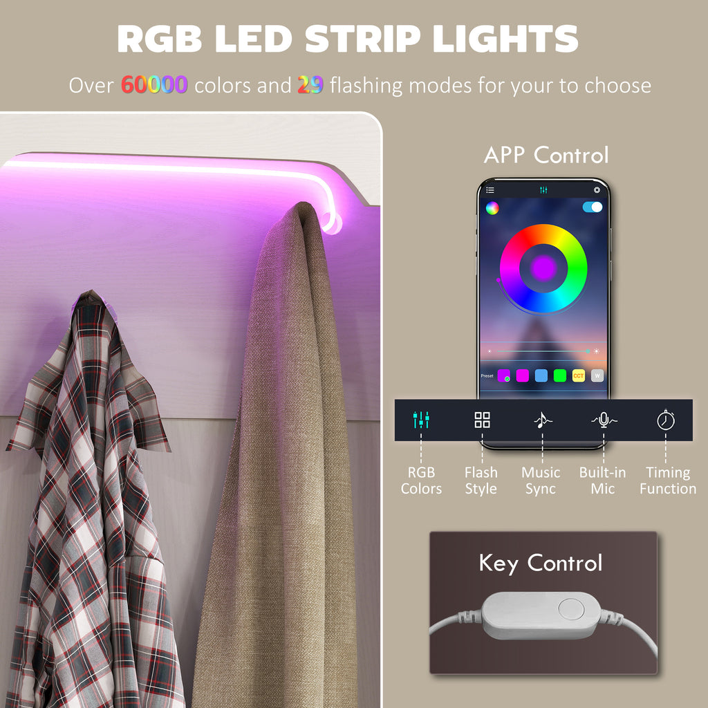 3-in-1 Hall Tree with LED Lights and Bench, Coat Rack with Shoe Storage, White Wood Grain with Light
