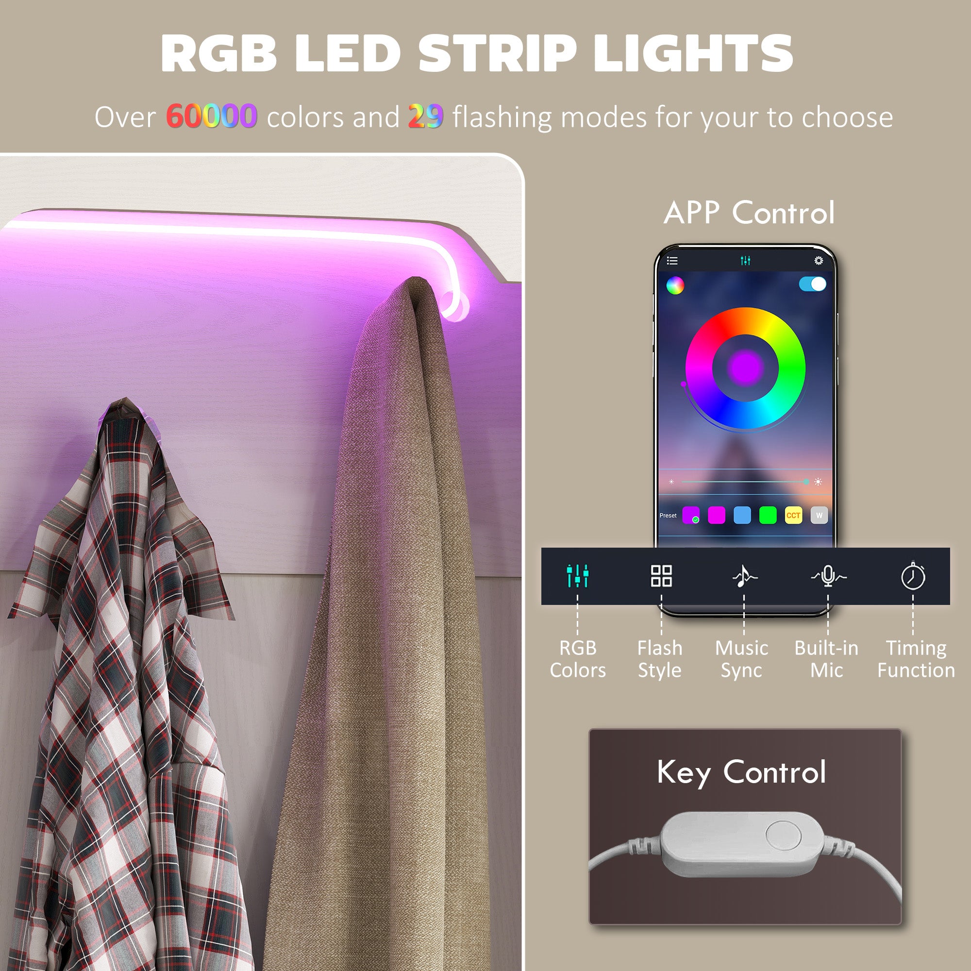 3-in-1 Hall Tree with LED Lights and Bench, Coat Rack with Shoe Storage, White Wood Grain with Light