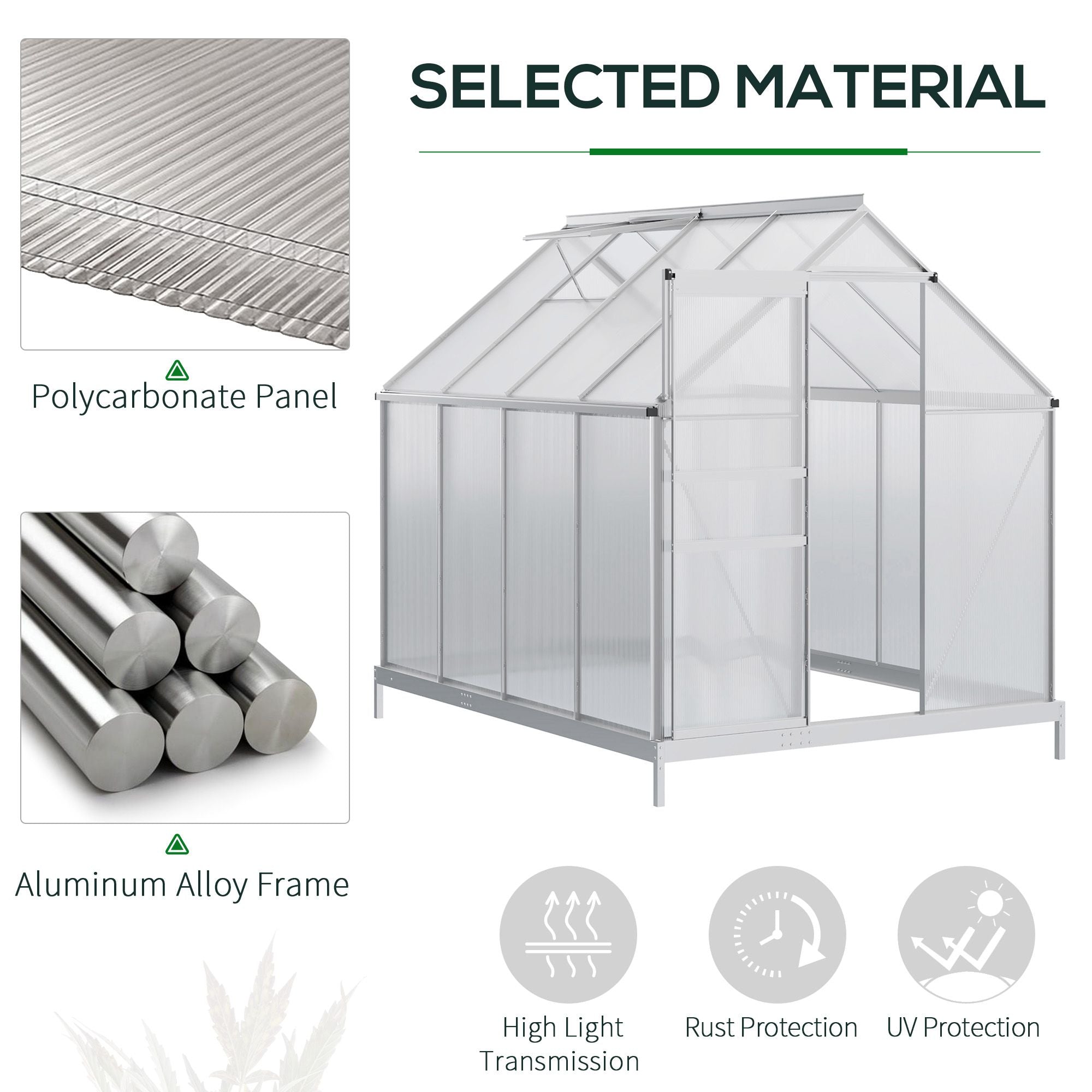 6' x 8' x 6.5' Walk-in Greenhouse, Polycarbonate Greenhouse with Adjustable Roof Vent, Base, Sliding Door, Clear