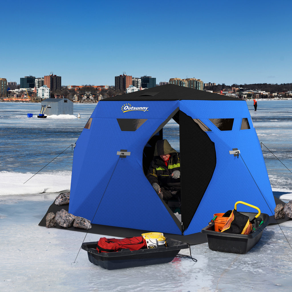 4 Person Insulated Ice Fishing Shelter, Pop-Up Portable Ice Fishing Tent with Carry Bag and Two Doors for -22â„‰, Blue