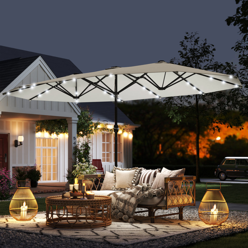 173" Double-Sided Sun Umbrella Garden Parasol Patio Sun Shade Outdoor with LED Solar Light, Cream White