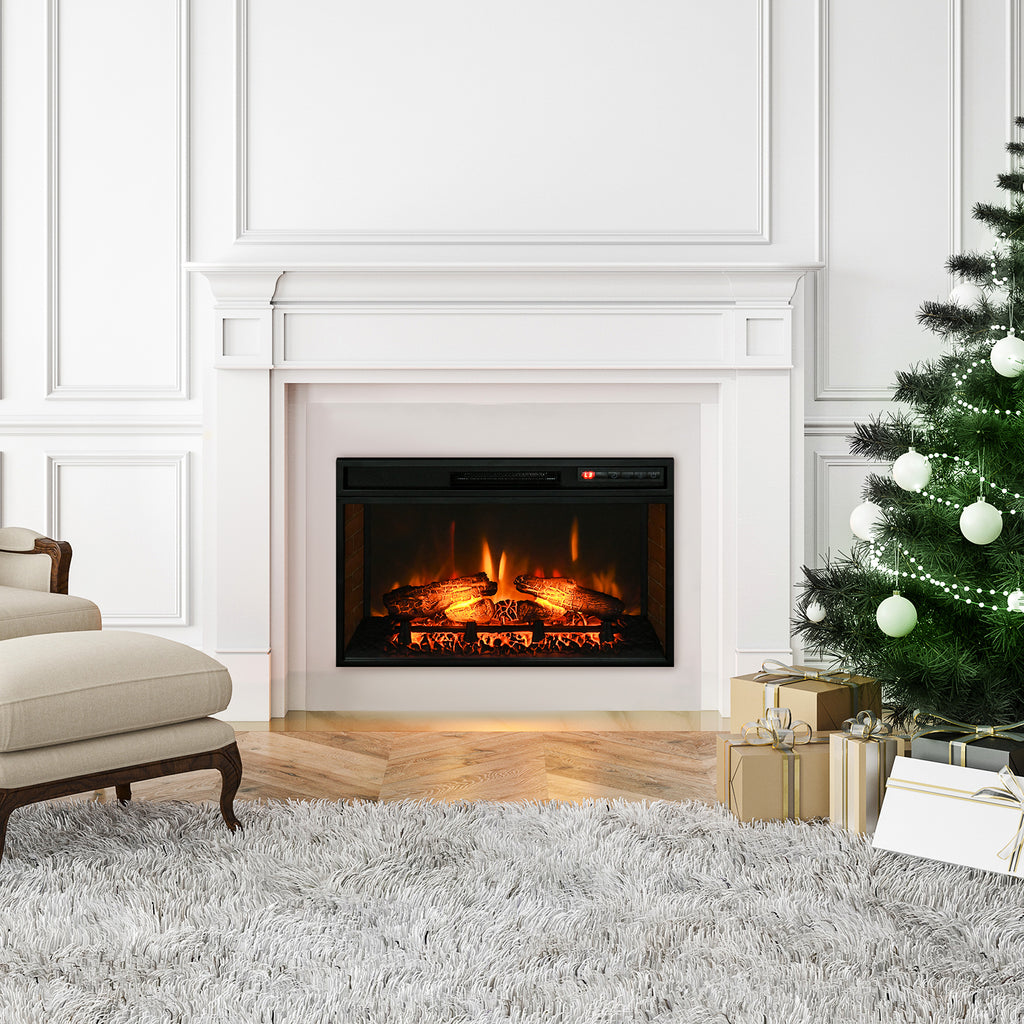 27" Electric Fireplace Insert, Retro Recessed Fireplace Heater with Realistic Log Flame, Remote Control, Adjustable Brightness, 1400W, Black