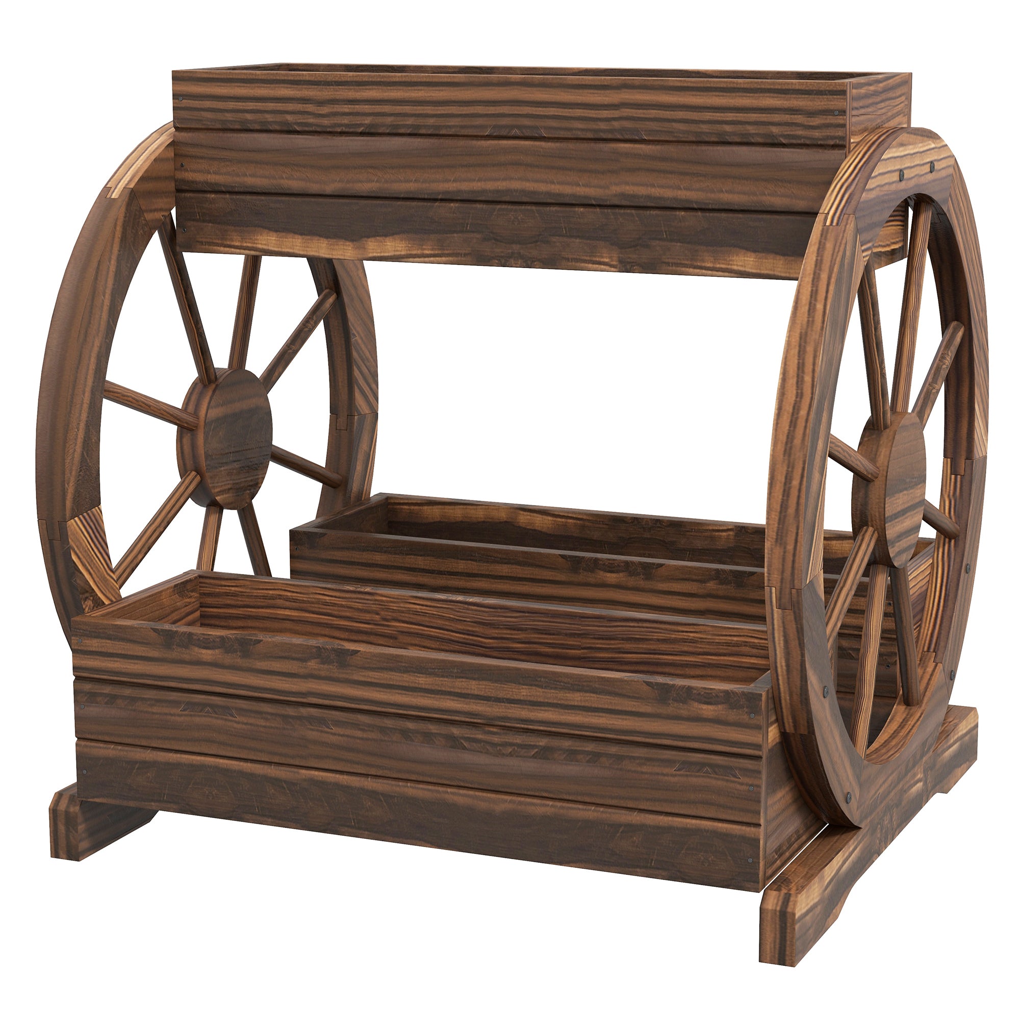 2-Tier Raised Garden Bed, Wooden Wagon Planter Boxes with Drainage Holes, for Vegetables Flowers Herbs, Carbonized