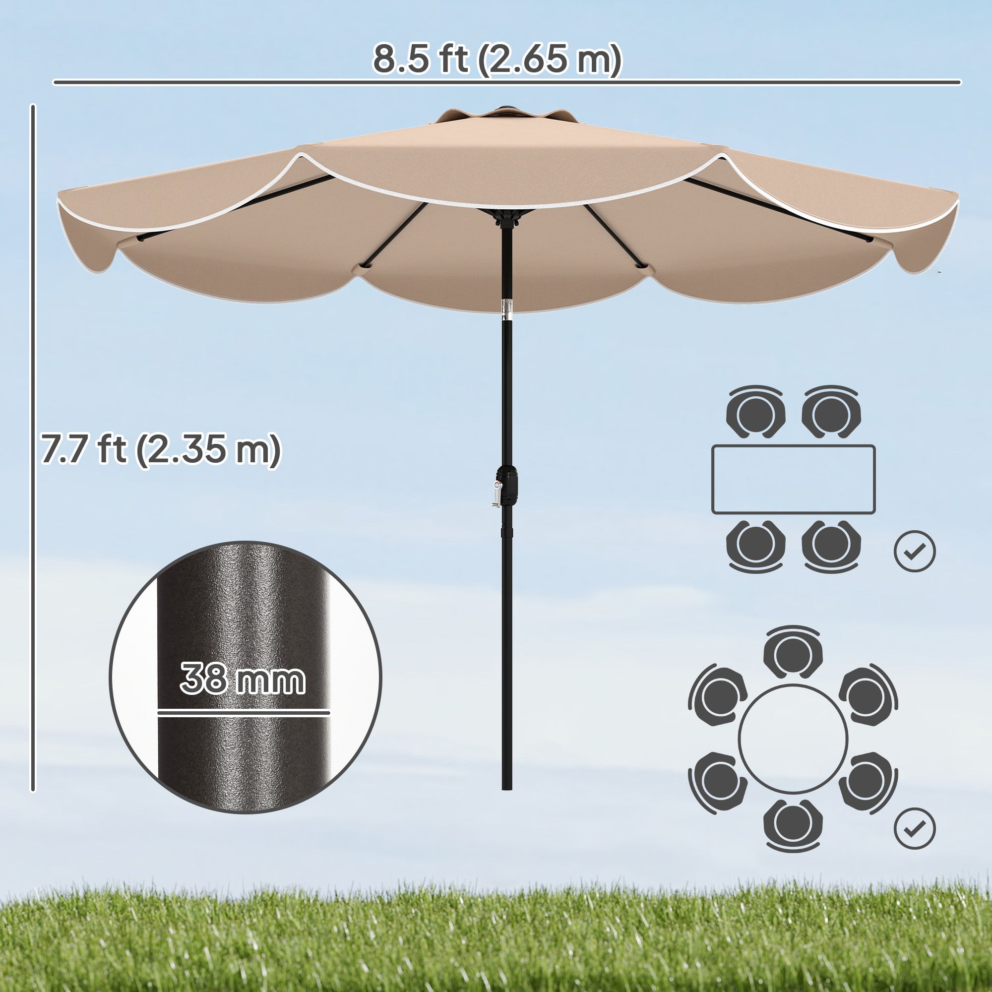 9' x 9' Round Market Umbrella with Valance, Patio Umbrella with Tilt and Crank, for Garden, Deck, Poolside, Khaki