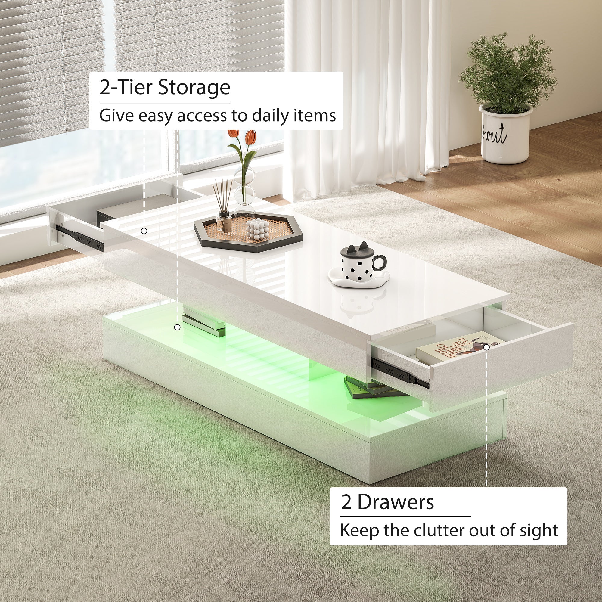 Coffee Table with Adjustable LED Lights, Modern Living Room Table with 2 Drawers, Open Shelf, Remote, High Gloss White