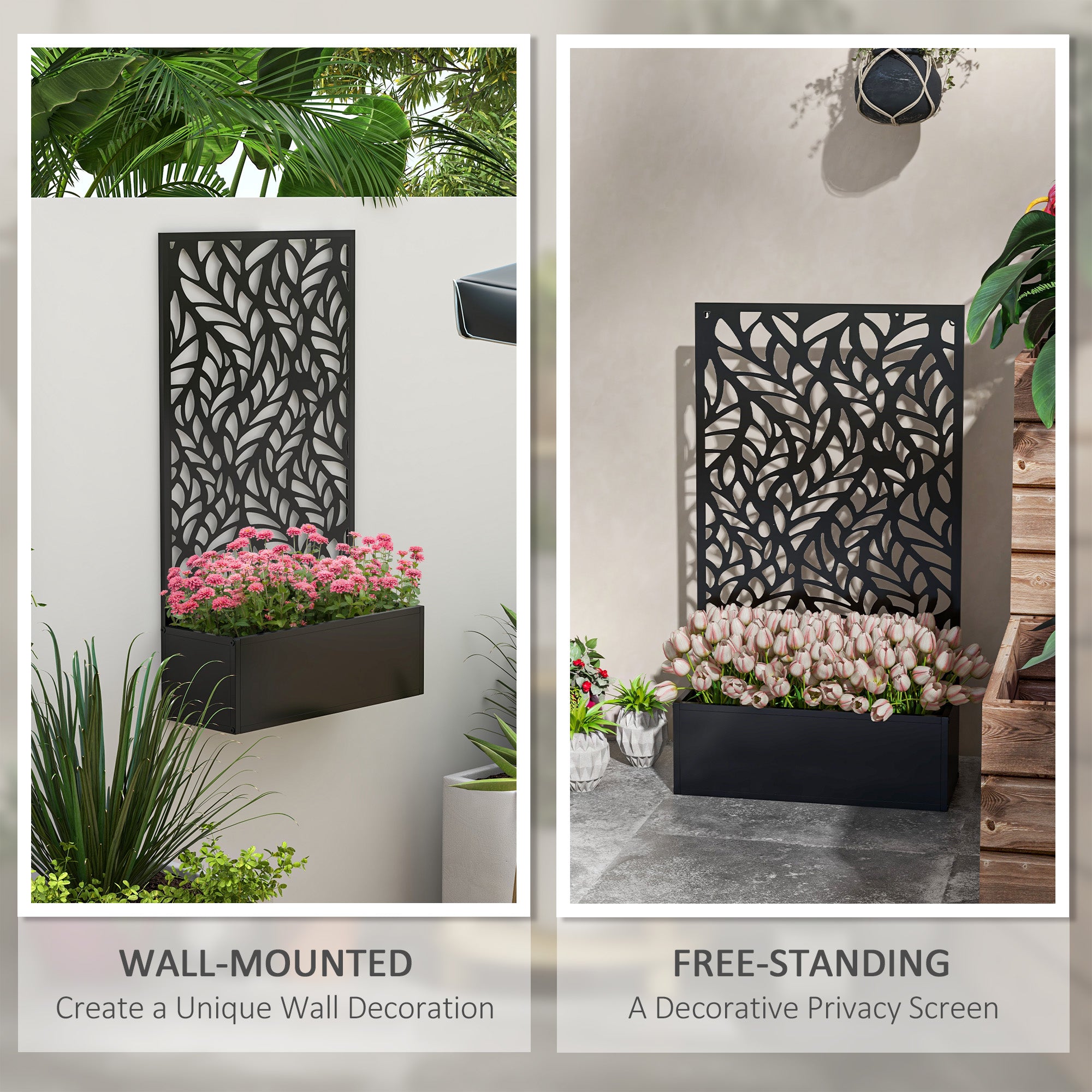 Metal Outdoor Privacy Screen with Raised Graden Bed, Privacy Panel and Planter Box, Wall-Mounted or Freestanding