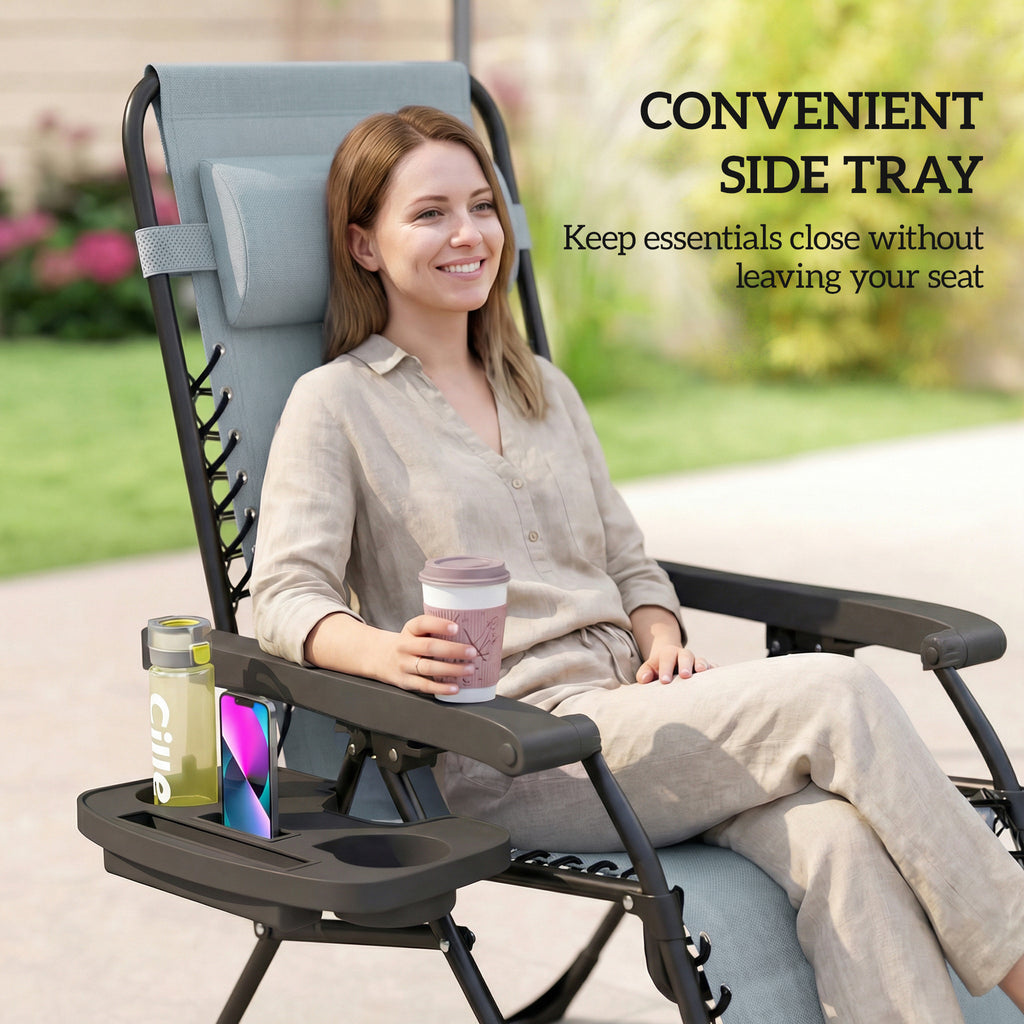 Zero Gravity Chair Set of 2, Folding Reclining Outdoor Lounge Chair with Cup Holder, Headrest, Light Grey
