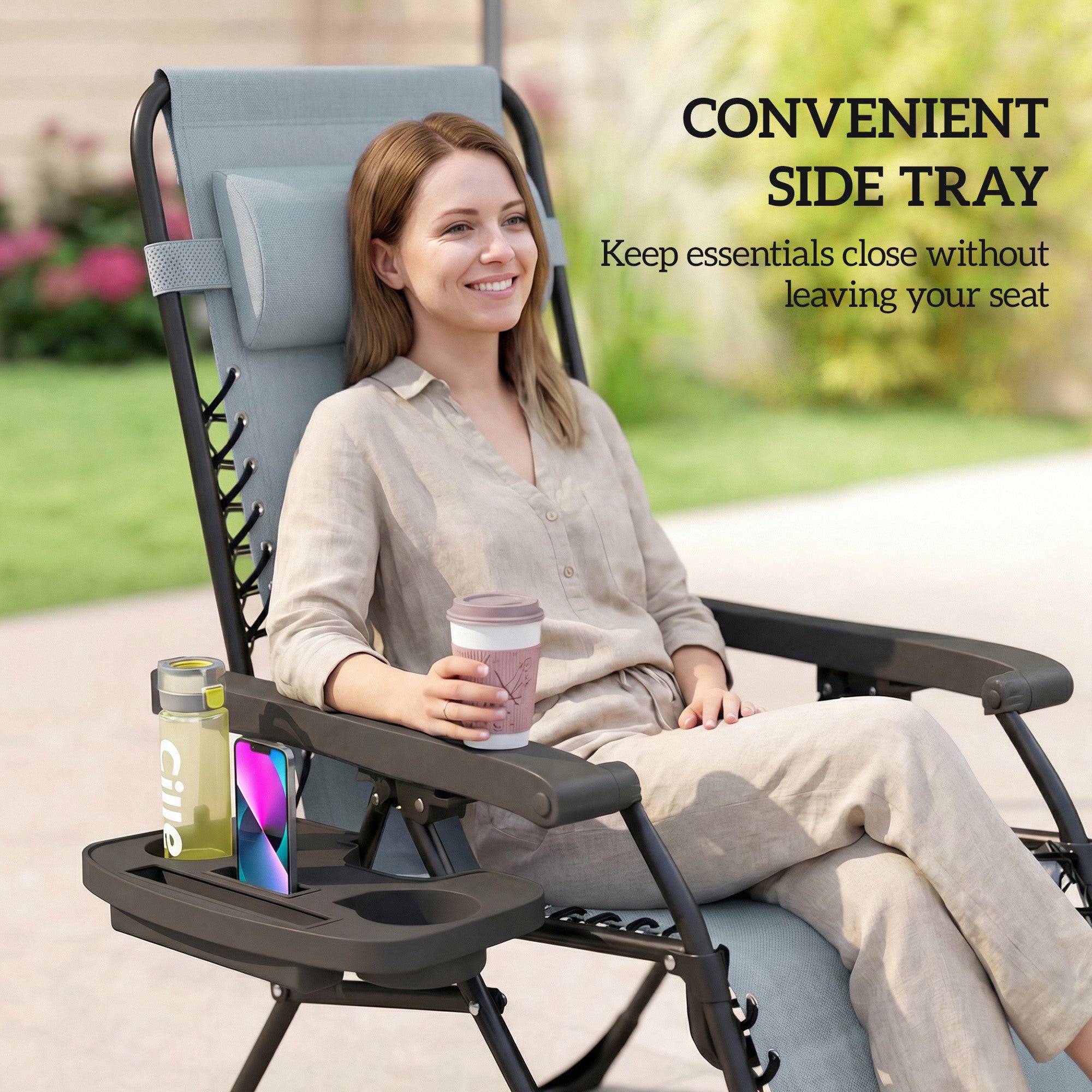 Zero Gravity Chair Set of 2, Folding Reclining Outdoor Lounge Chair with Cup Holder, Headrest, Light Grey