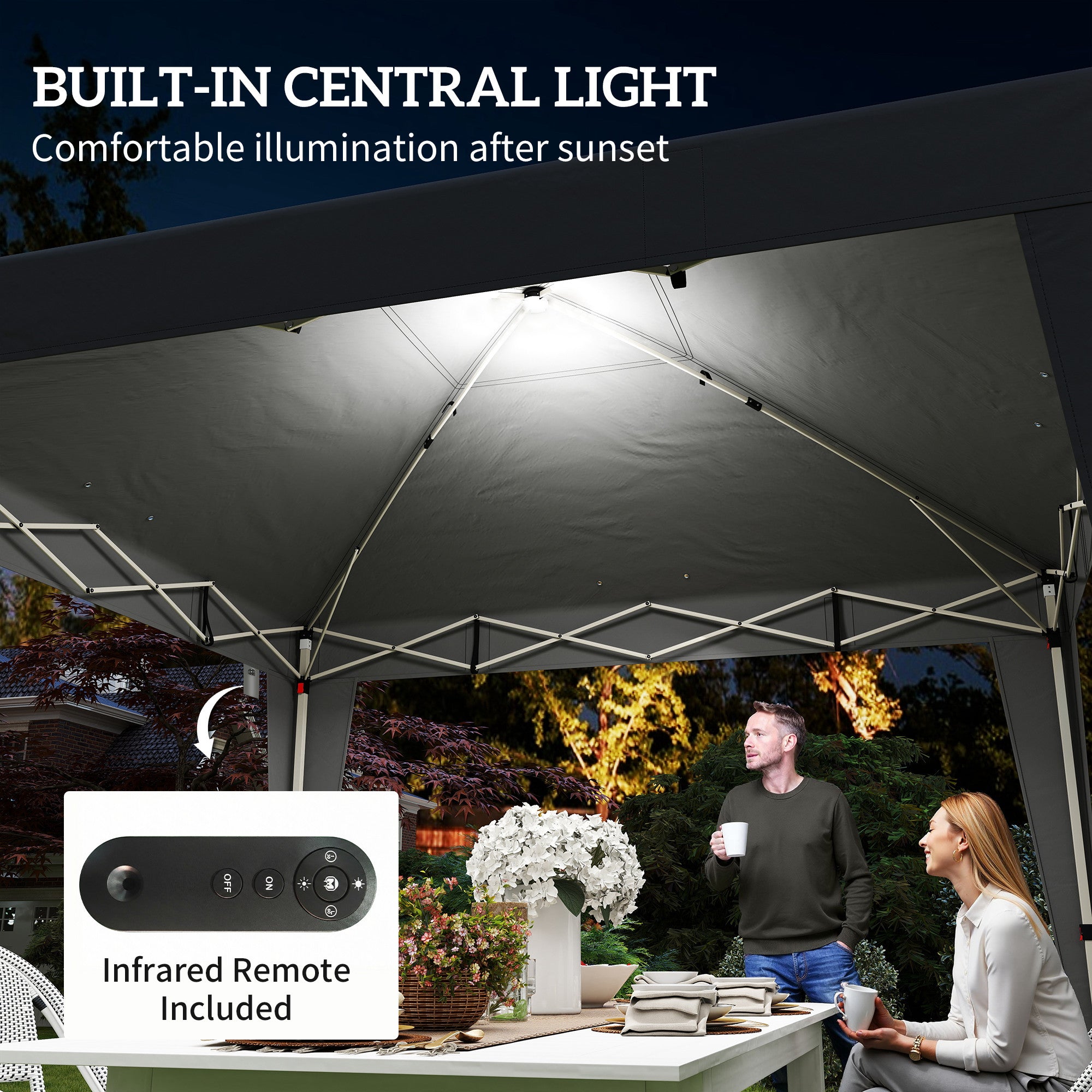10 x 10 ft Pop Up Canopy Tent with Central Light, UPF 50+ Instant Portable Canopy Shelter with Remote, Black
