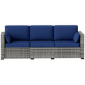 3-Seater Patio Sofa with Cushions, Rattan Conversation Set with Steel Frame & Washable Cushion Covers, Dark Blue