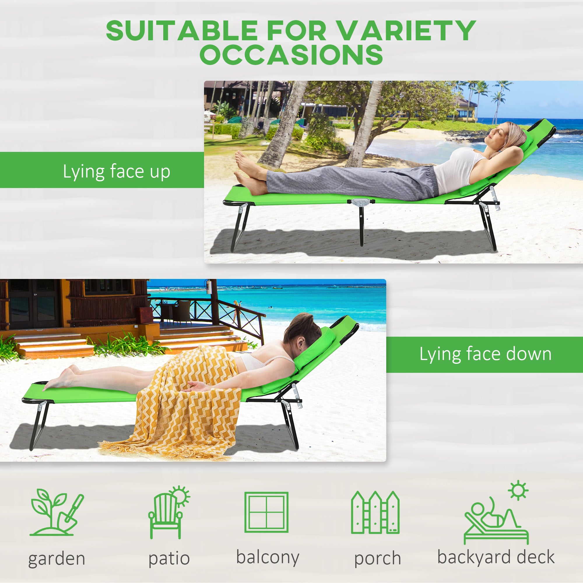 Folding Lounge Chair Set of 2, Reclining Beach Tanning Chair with Face Hole, Pillow, 4-Position Adjustable Flat Sun Lounger, Steel Frame for Outdoor Patio Pool, Green