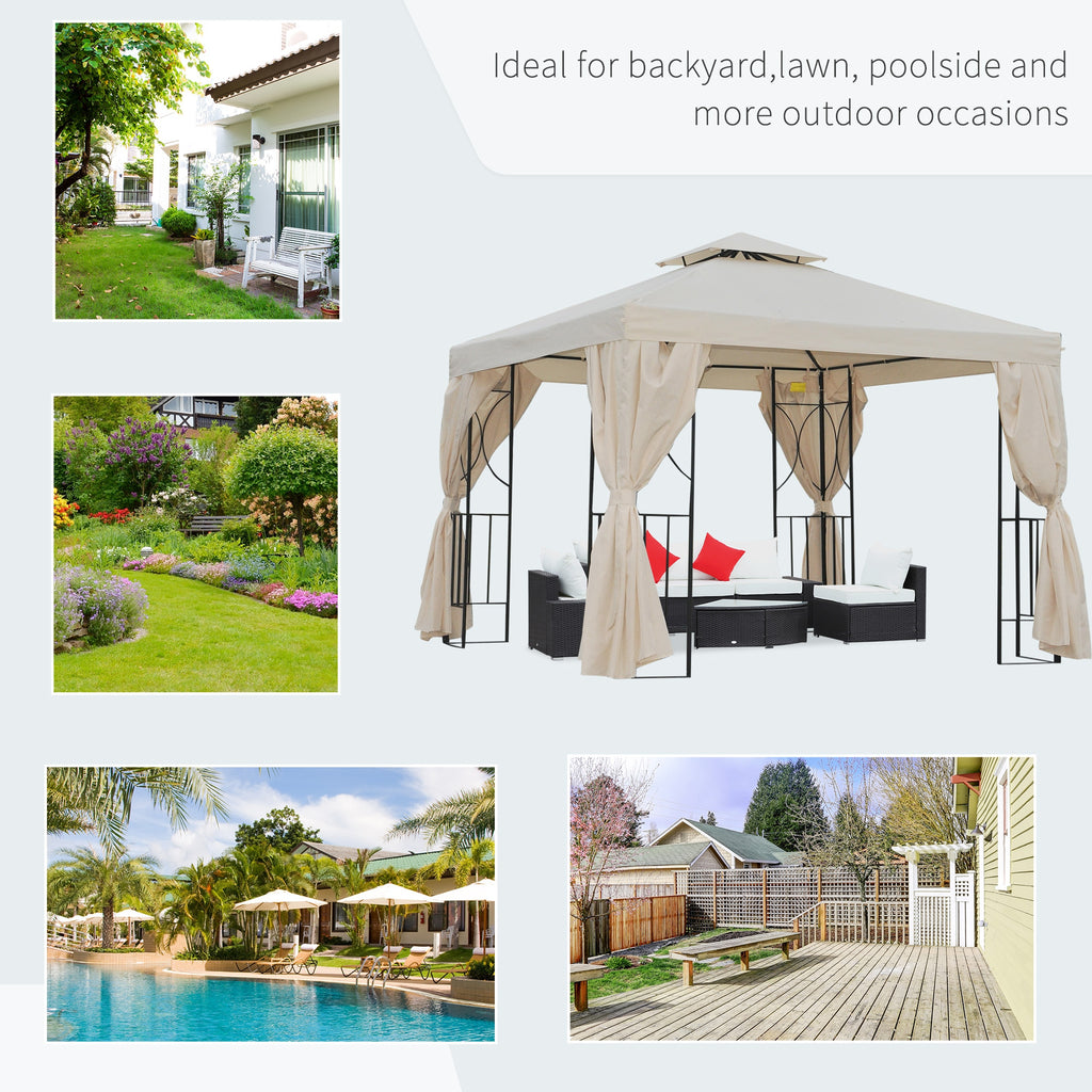 10' x 10' Patio Gazebo Outdoor, Canopy Shelter with Double-tier Roof, Pavilion Sidewalls for Garden Events, Cream White