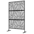 6.5FT Decorative Outdoor Divider, Metal Privacy Screen with Stand, Large Leaf Style, Black