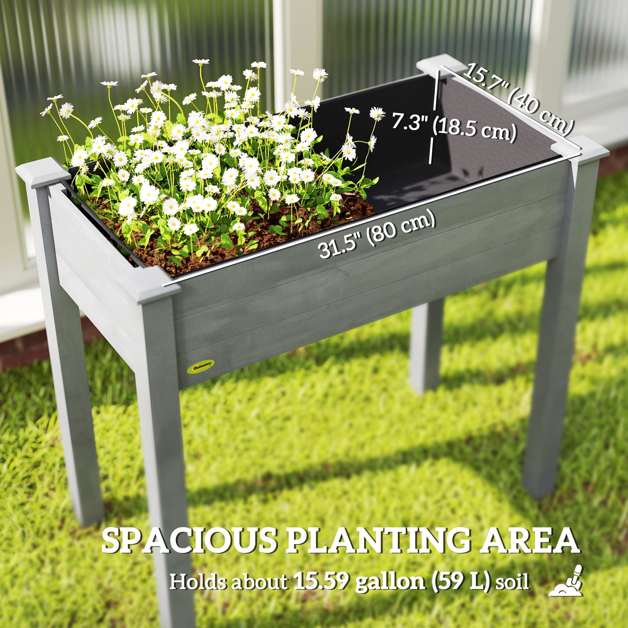 34"x18"x30" Wooden Raised Garden Bed, Elevated Planter Box with Legs, Drainage Holes, Inner Bag for Garden, Dark Grey