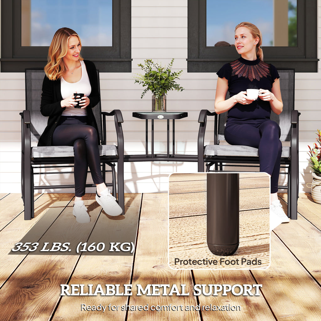 Double Patio Glider Chair with Glass Top Center Table, Outdoor Glider Loveseat with High Back,  All Weather Breathable Mesh Fabric for Garden, Backyard, Deck, Grey