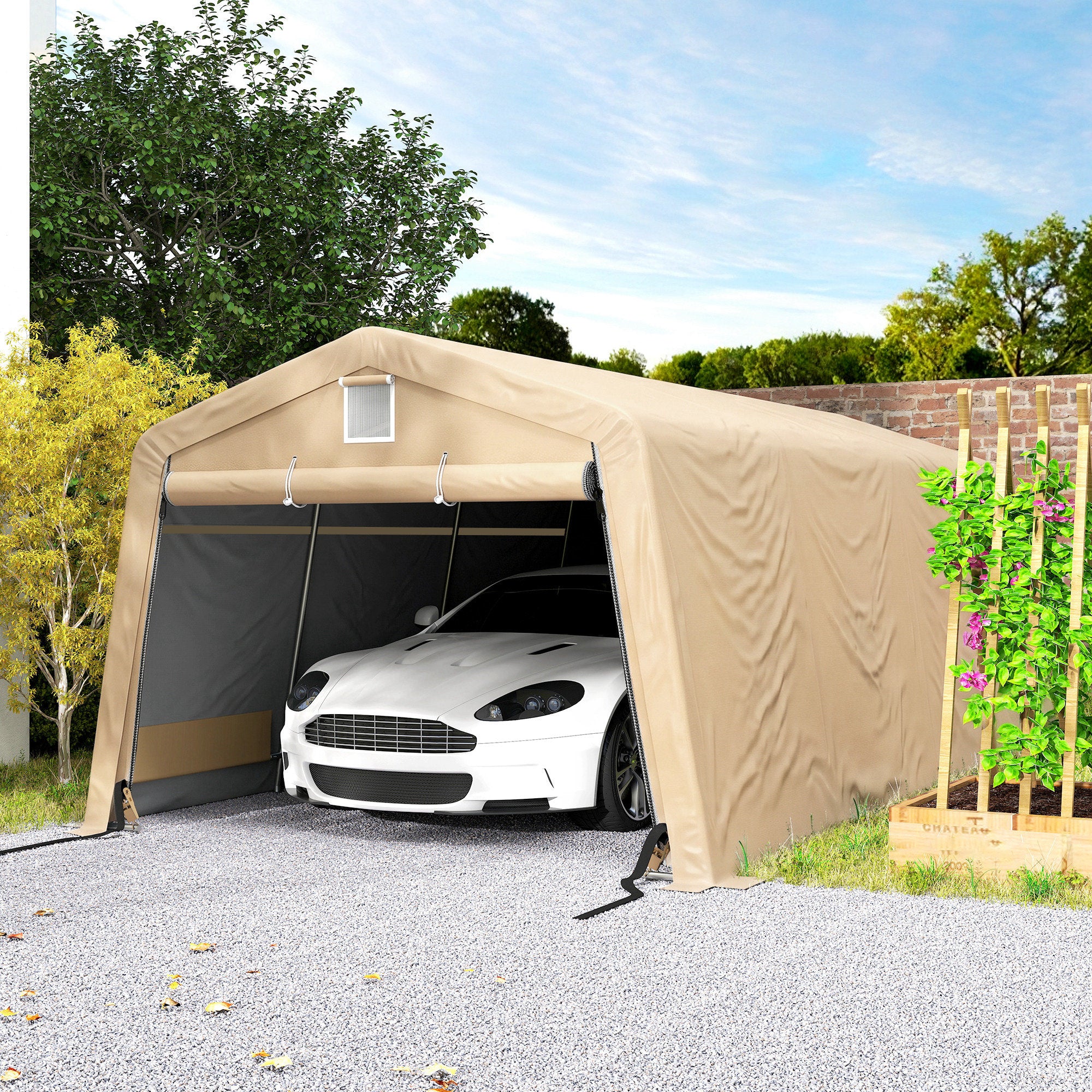 11' x 20' Portable Garage, Heavy Duty Carport Canopy with Ventilation Windows and Large Roll-up Door, Khaki
