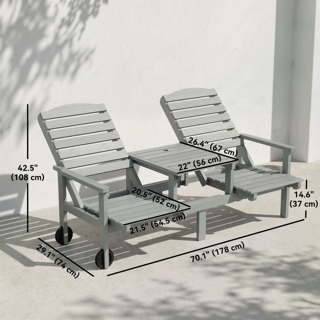 Outdoor Bench with Wheels and 3-Position Adjustable High Back, 2 Seater Outdoor Loveseat with Umbrella Hole, Grey