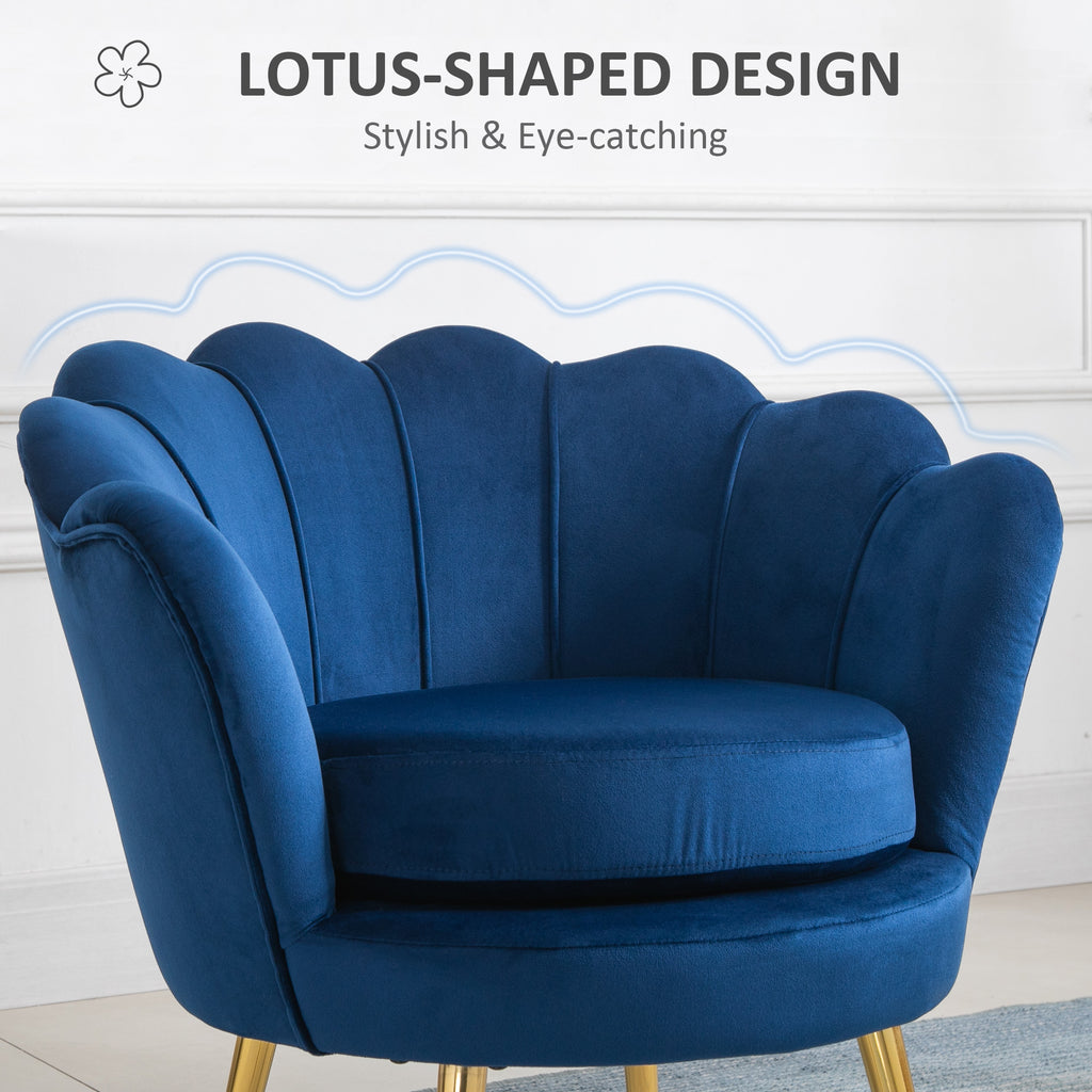 Modern Accent Chair, Velvet-Touch Fabric Leisure Club Chair with Gold Metal Legs for Bedroom, Blue