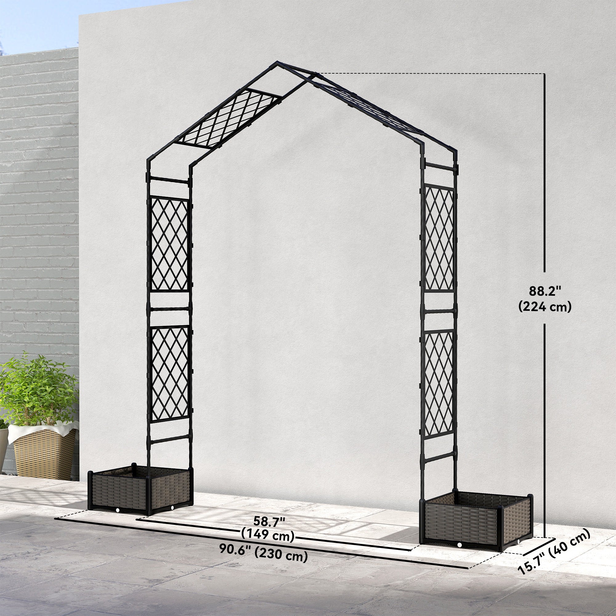 Garden Arch Outdoor Trellis Arbor with 2 Planter Boxes, 90.6" x 15.7" x 88.2", Black